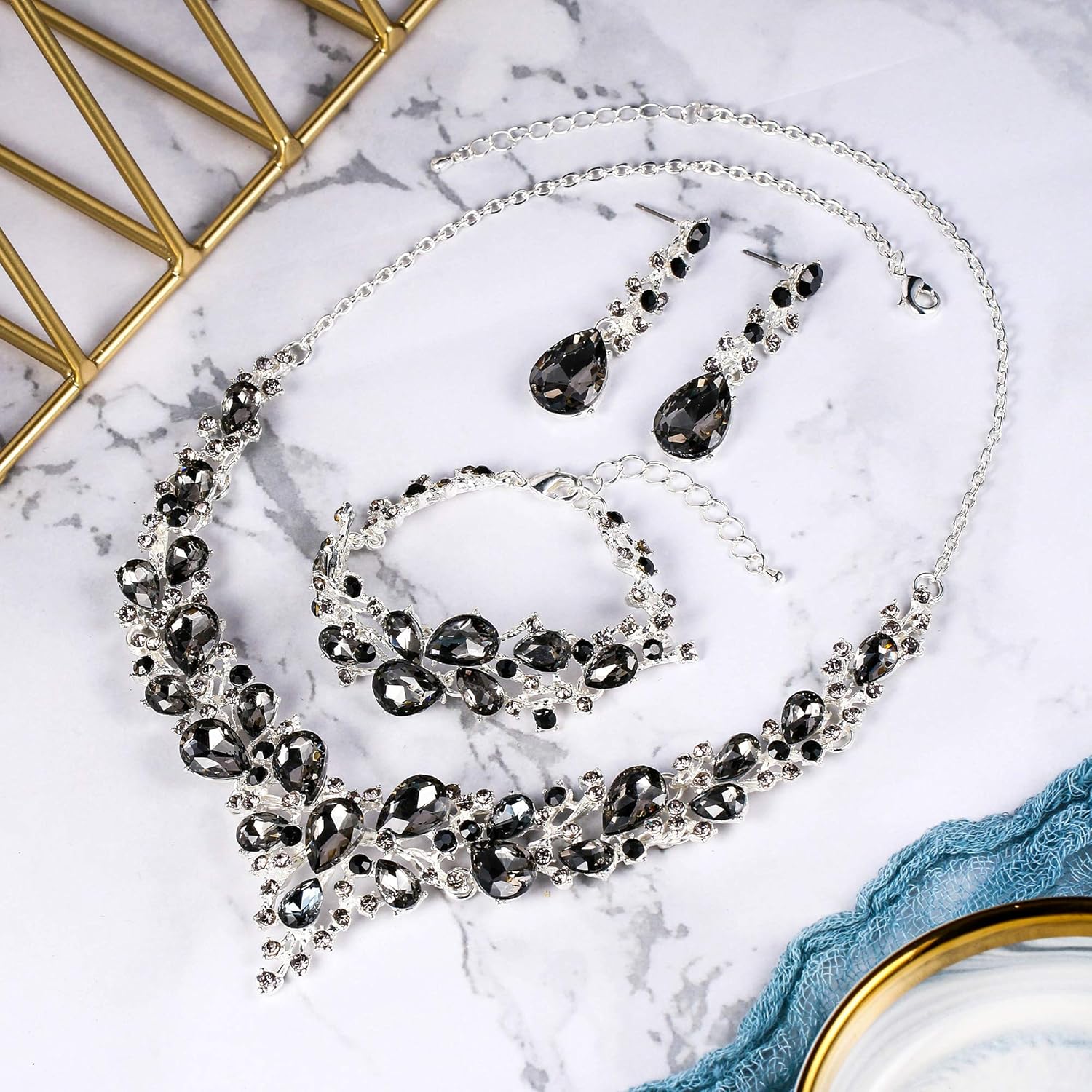 BriLove Wedding Bridal Jewelery for Women Austrian Crystal Teardrop Cluster Statement Necklace Dangle Earrings Link Bracelet Set - Image 5