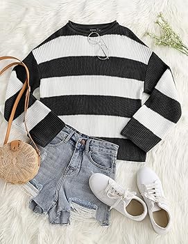 ZESICA Women's 2025 Fall Long Sleeve Oversized Striped Color Block