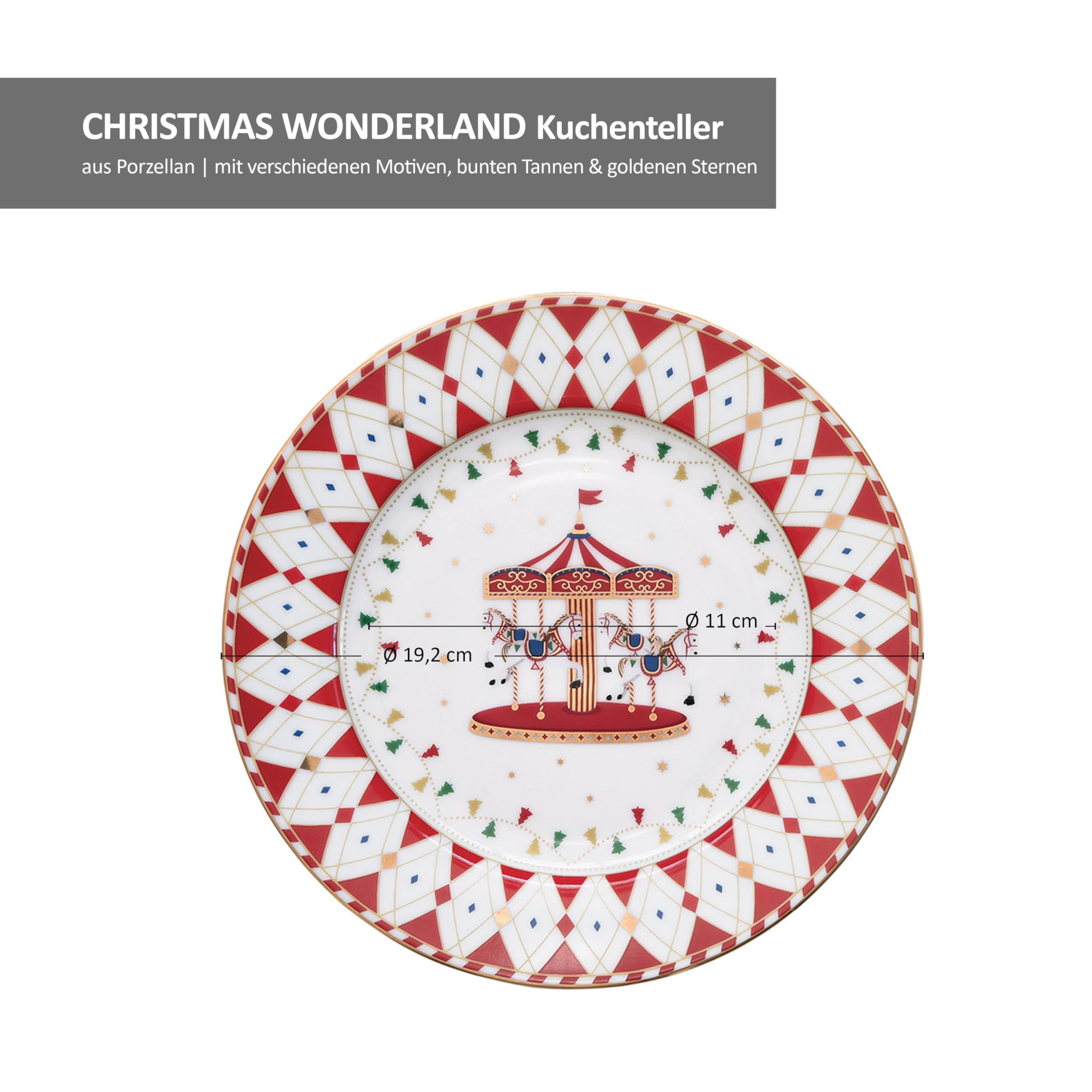 MamboCat 4er Set Christmas Wonderland Kuchenteller mit Geschenkkarton I Ø 19,2cm I Porzellan-Frühstücksteller mit verschiedenen Weihnachts-Dekoren für 4 Personen I Service für Salat, Dessert & Co