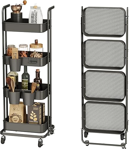 DTK 4 Tier Foldable Rolling Cart, Metal Utility Cart with Lockable Wheels, Folding Storage Trolley for Living Room, Kitchen, Bathroom, Bedroom and