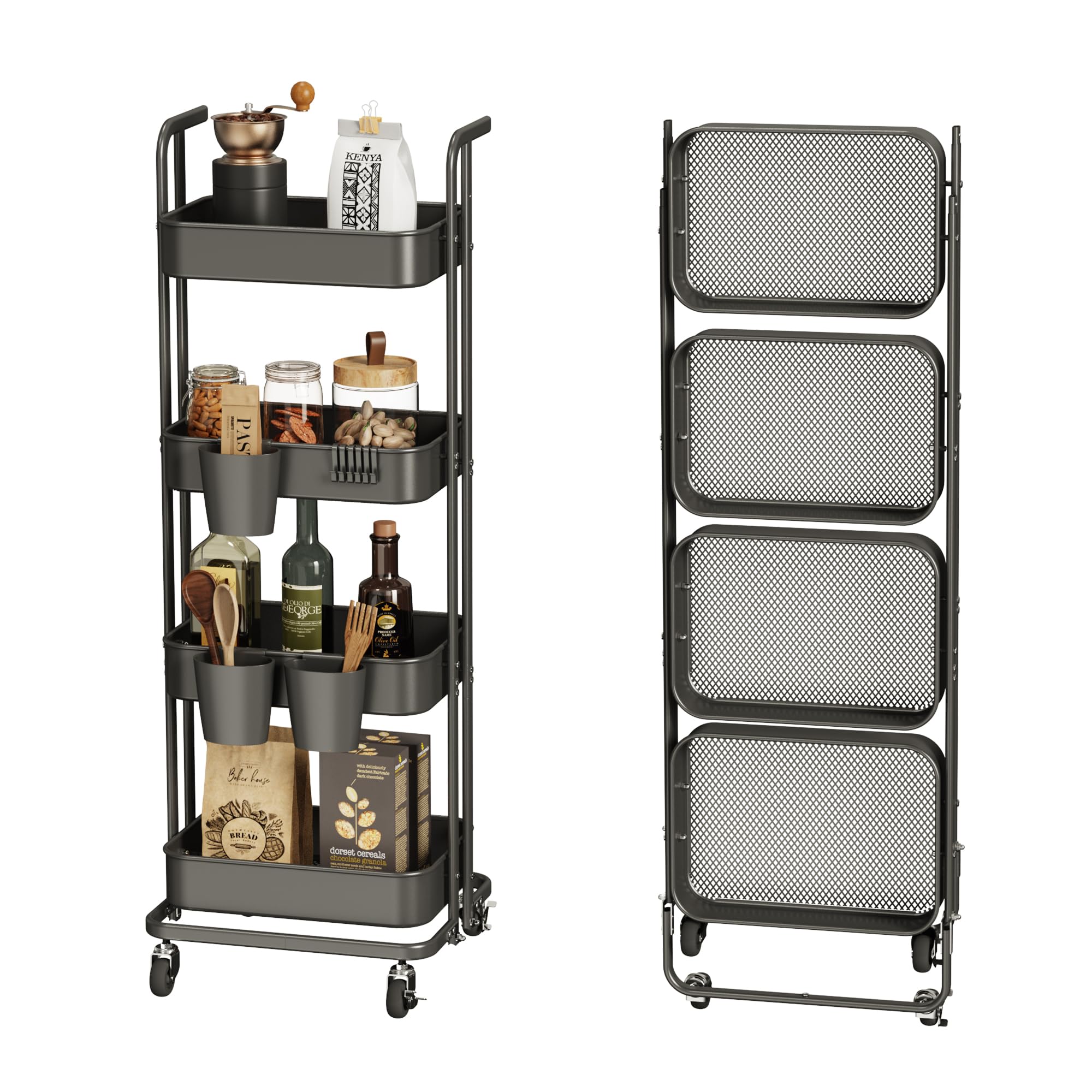 DTK Carrello pieghevole a 4 ripiani, in metallo, con ruote bloccabili, carrello portaoggetti pieghevole per soggiorno, cucina, bagno, camera da letto e ufficio, nero