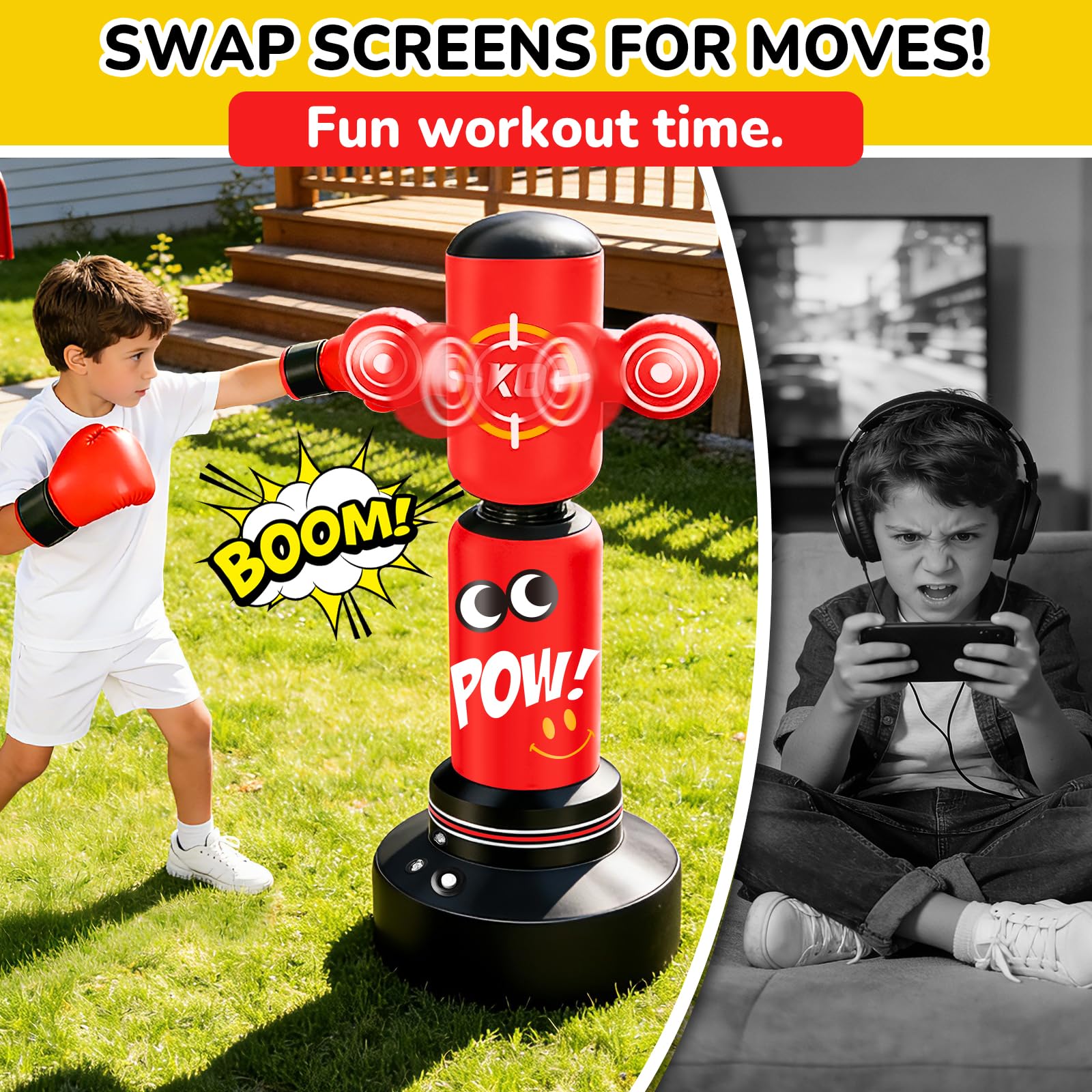 Saco Boxeo niños, Set de Boxeo con Bomba y Cuerda para Saltar Saco de Boxeo Hinchable Grande de 165cm, Regalos para niños y niñas de 3 a 12 años para Practicar kárate, Taekwondo