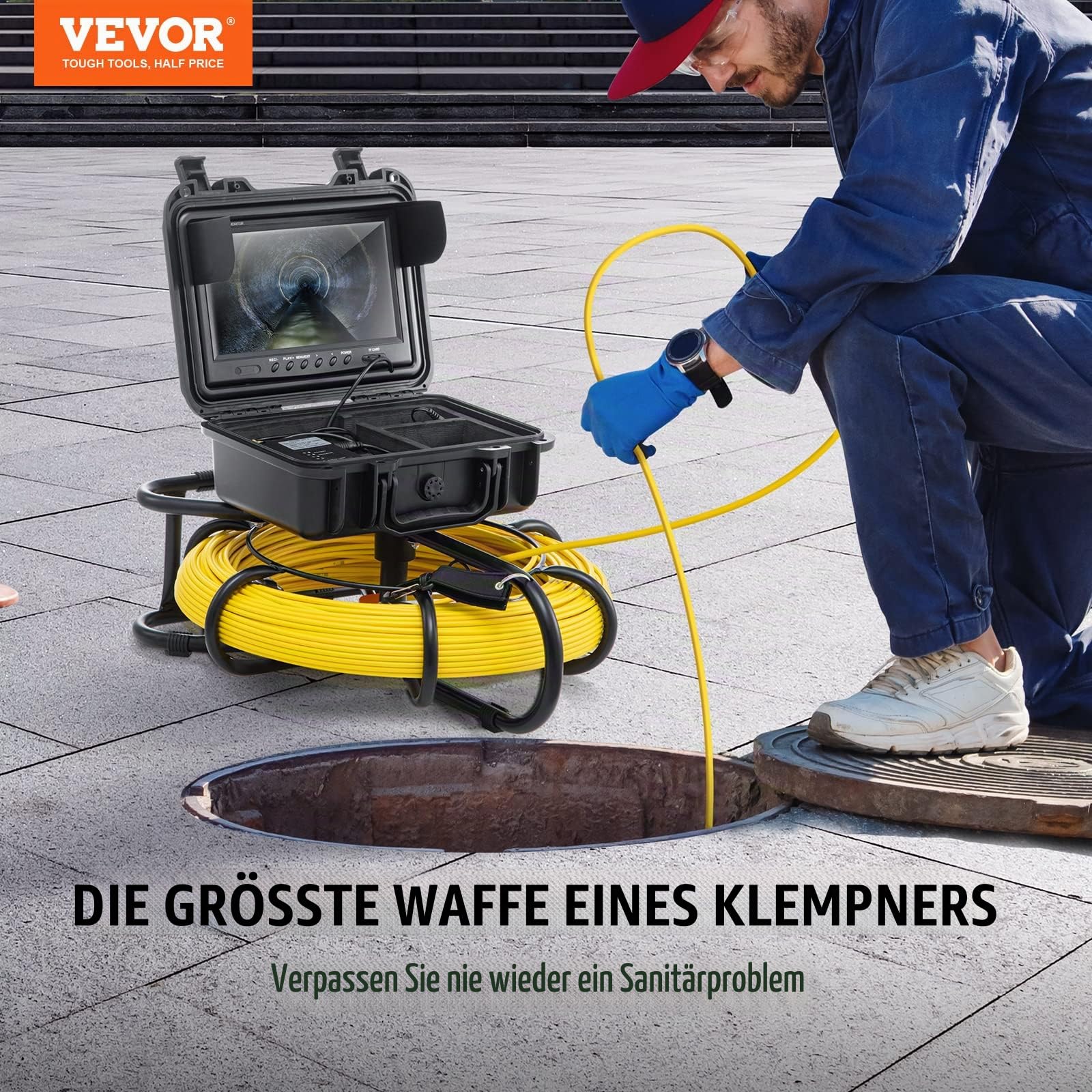 VEVOR 9" Inspektionskamera 91,5m Rohrkamera 720P Kanalkamera 130Grad Endoskop-Kamera 12V 4500mAh Lithium-Akku 6Stunden Rohrinspektionskamera IP68 Für Abwasserkanäle Abwassersysteme Abflüsse