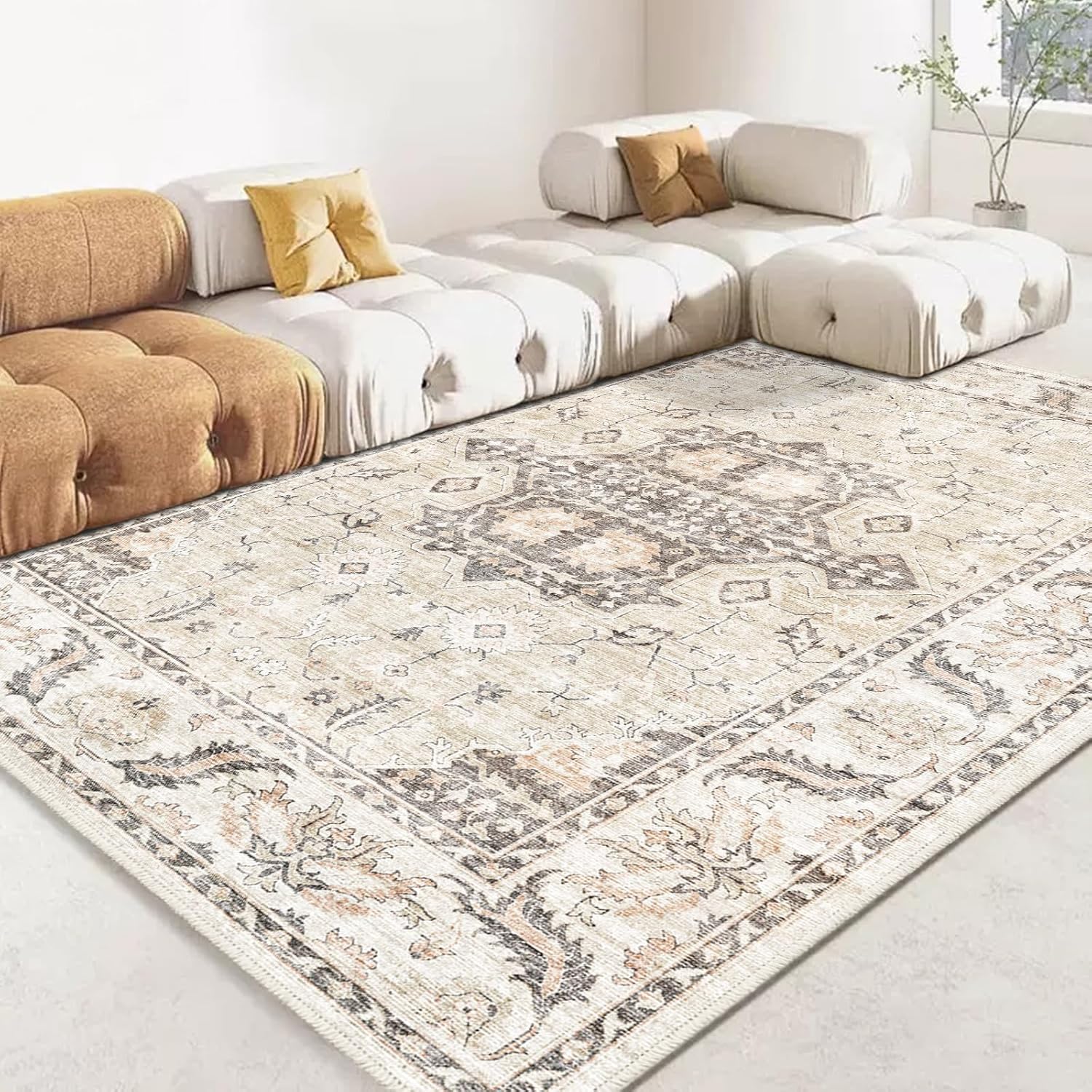 Area Rug 8x10 for Living Room, Vintage Design Home Decor, Floor Decoration Carpet Mat, Area Rugs for Living Room,Beige Washable Rug (Beige Cream, 8x10) Beige Cream 8*10