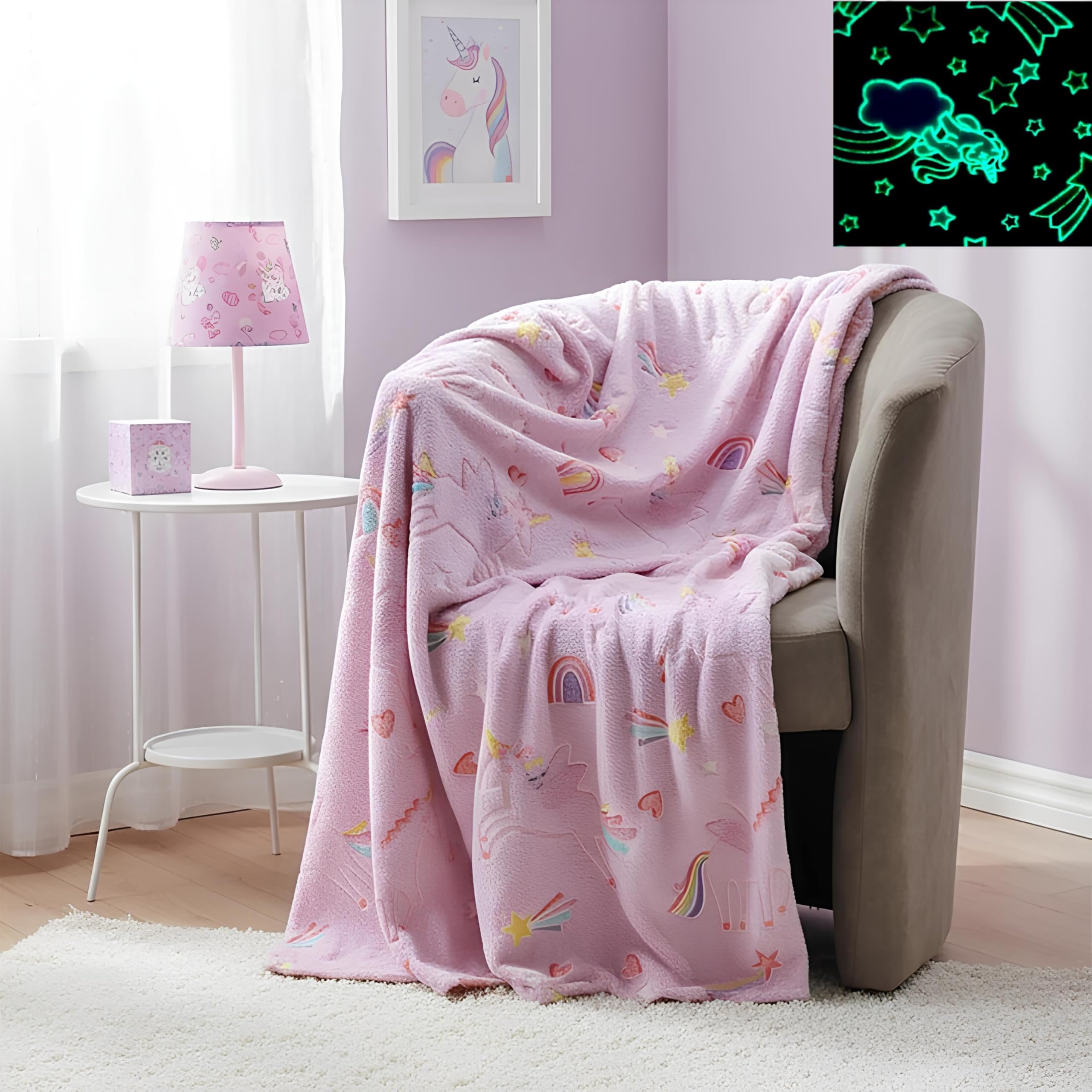 Coperta Morbida per Bambini Si Illumina al Buio Coperta Flanella Unicorno Spaziale Plaid per Tutte le Stagioni Super Morbida Calda in Pile cm150x125 Luce al Buio Bambino Bambina Idea Regalo (UNICORNO)