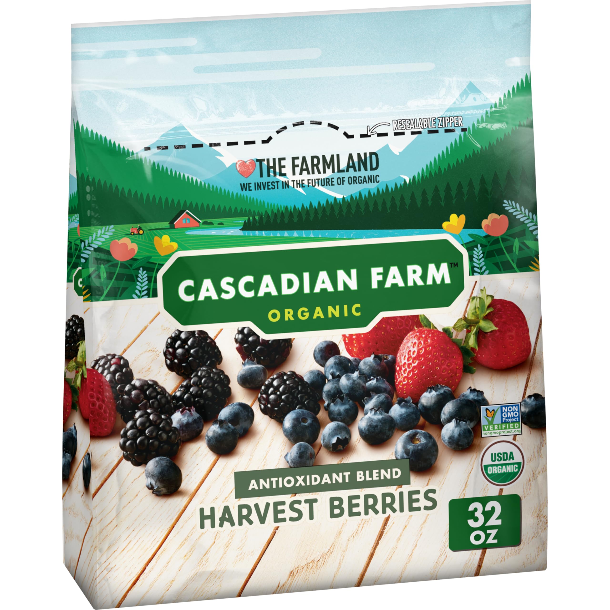 Cascadian Farm Organic Harvest Berries, Antioxidant Blend with Strawberries, Blackberries, and Blueberries, Frozen Fruit, Non-GMO, 32 oz Bag