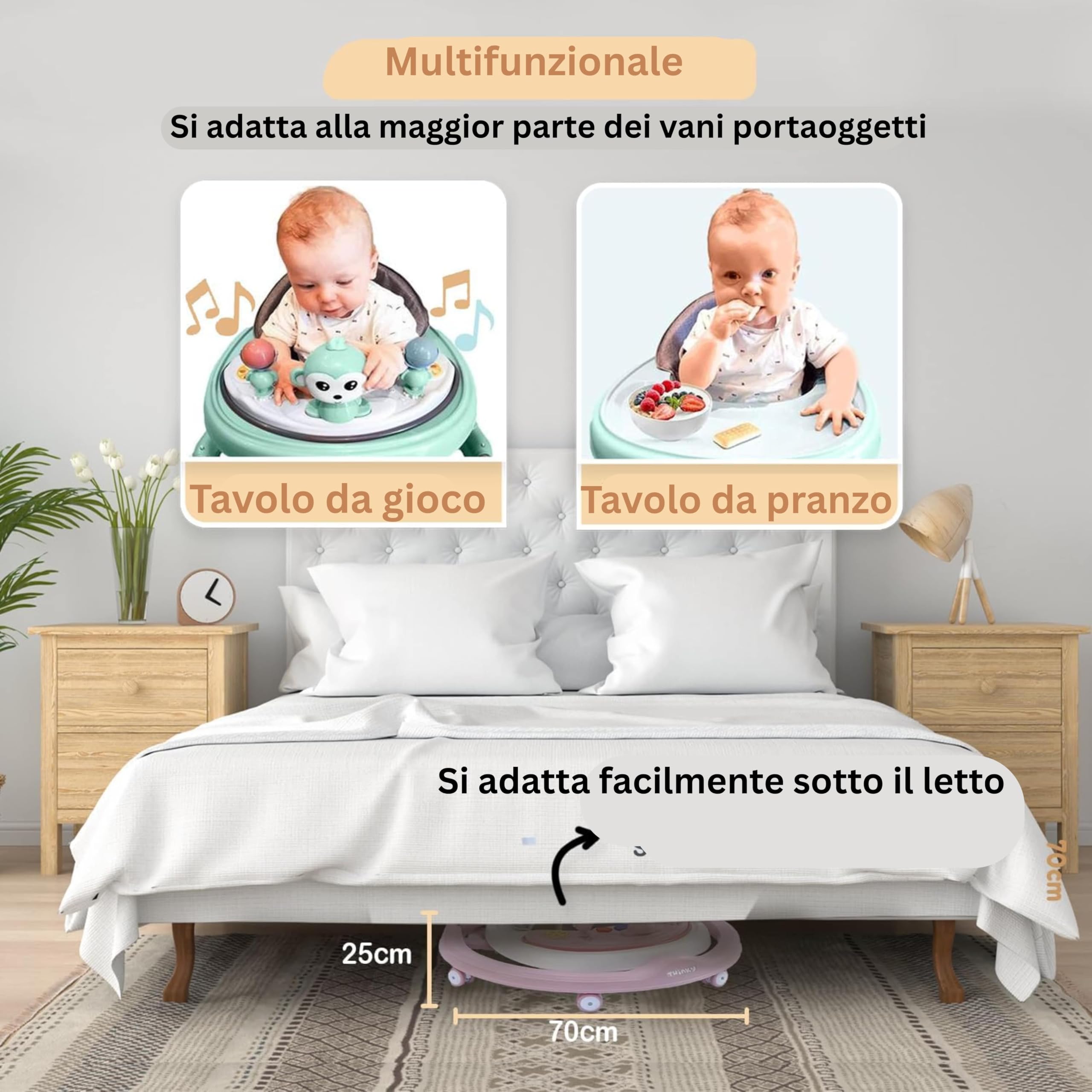 Twinky Girello Neonato 6-12 Mesi – Girello Regolabile e Sicuro per Bambini 6-18 Mesi | Design Pieghevole, Giochi Interattivi e Ruote Silenziose