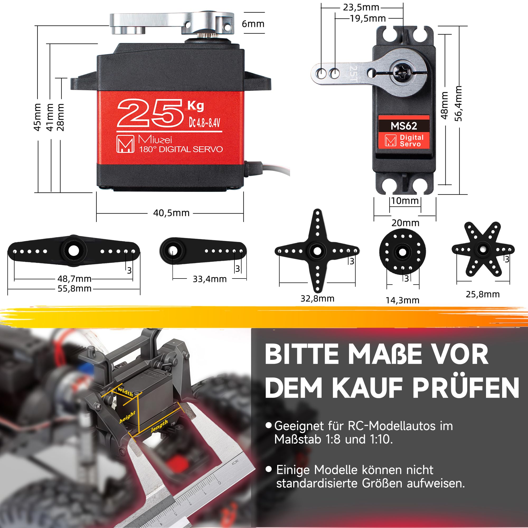 Miuzei Servo RC da 25 kg, 180°, digitale, 8,4 V, ingranaggi in metallo per camion Crawler | 3 pezzi, 0,14 s, paraspruzzi, forte braccio in alluminio CNC, 25T, servo sterzo per 1/8 1/10 Truggy escavatore barca robot