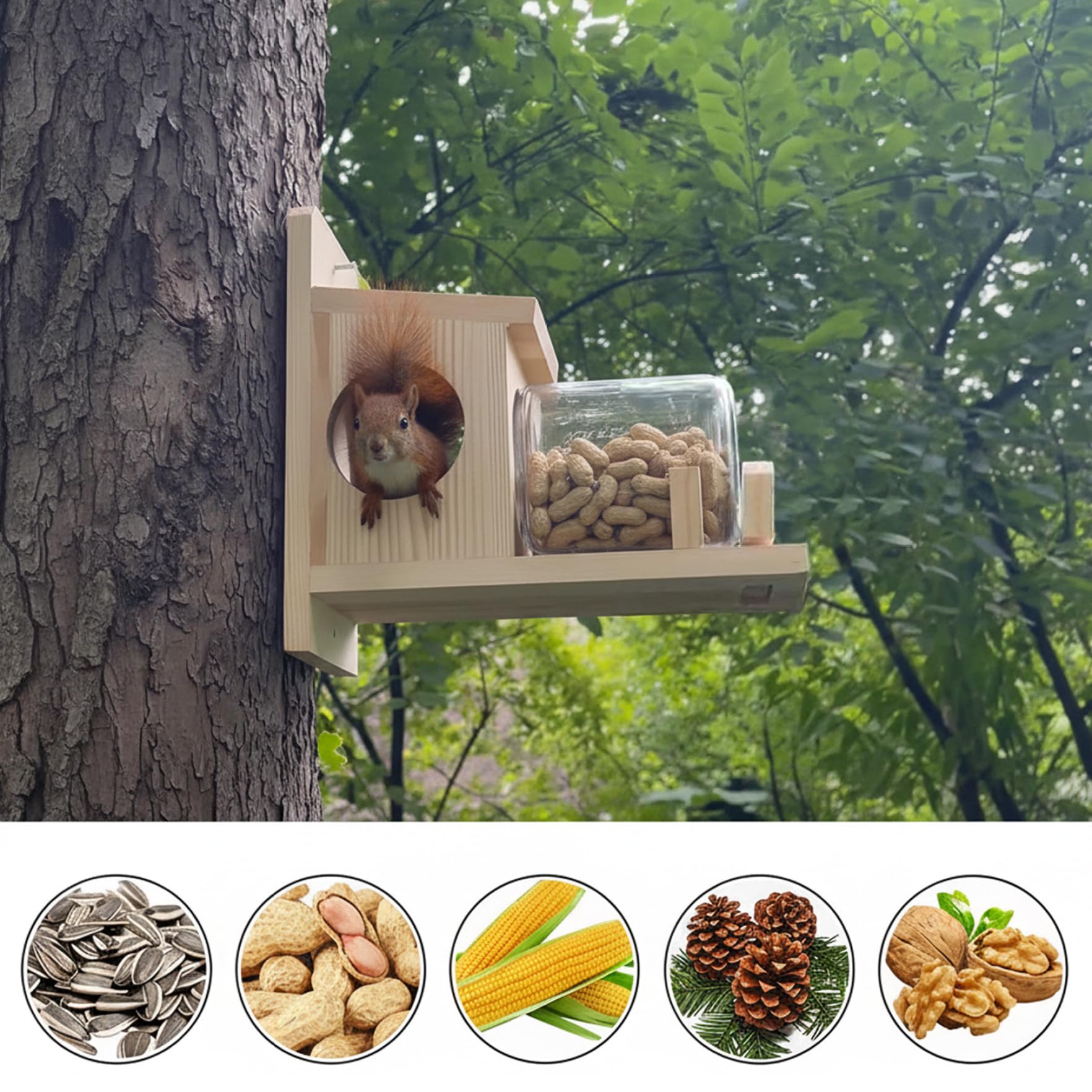 Eichhörnchen-Futterspender für draußen, Holz-Eichhörnchen-Box mit durchsichtigem Vorratsglas, wetterfester Nussriegel, Streifenhörnchen-Futterspender für Holzdeck, Baum, Zaun, 26, 7 x 14 x 14 cm