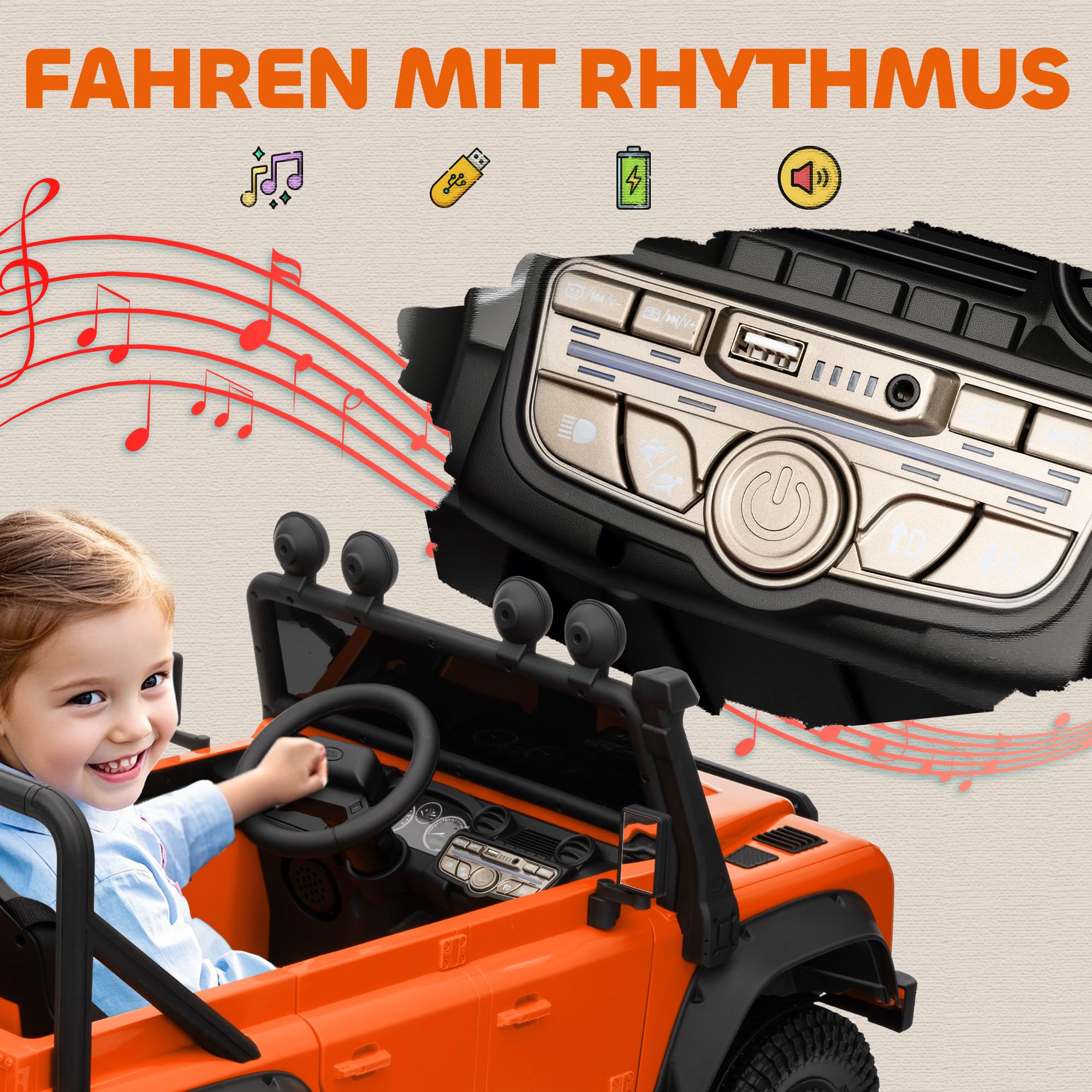 AIYAPLAY Kinder Elektroauto, Land Rover Defender 110 SVX 12V 7Ah Kinderauto mit Fernbedienung, 2 Motor, Kinderfahrzeug mit Softstart, Soft Stopp, 4 Stoßdämpfer, Hupe, MP3, Licht für 3-5 Jahre Orange