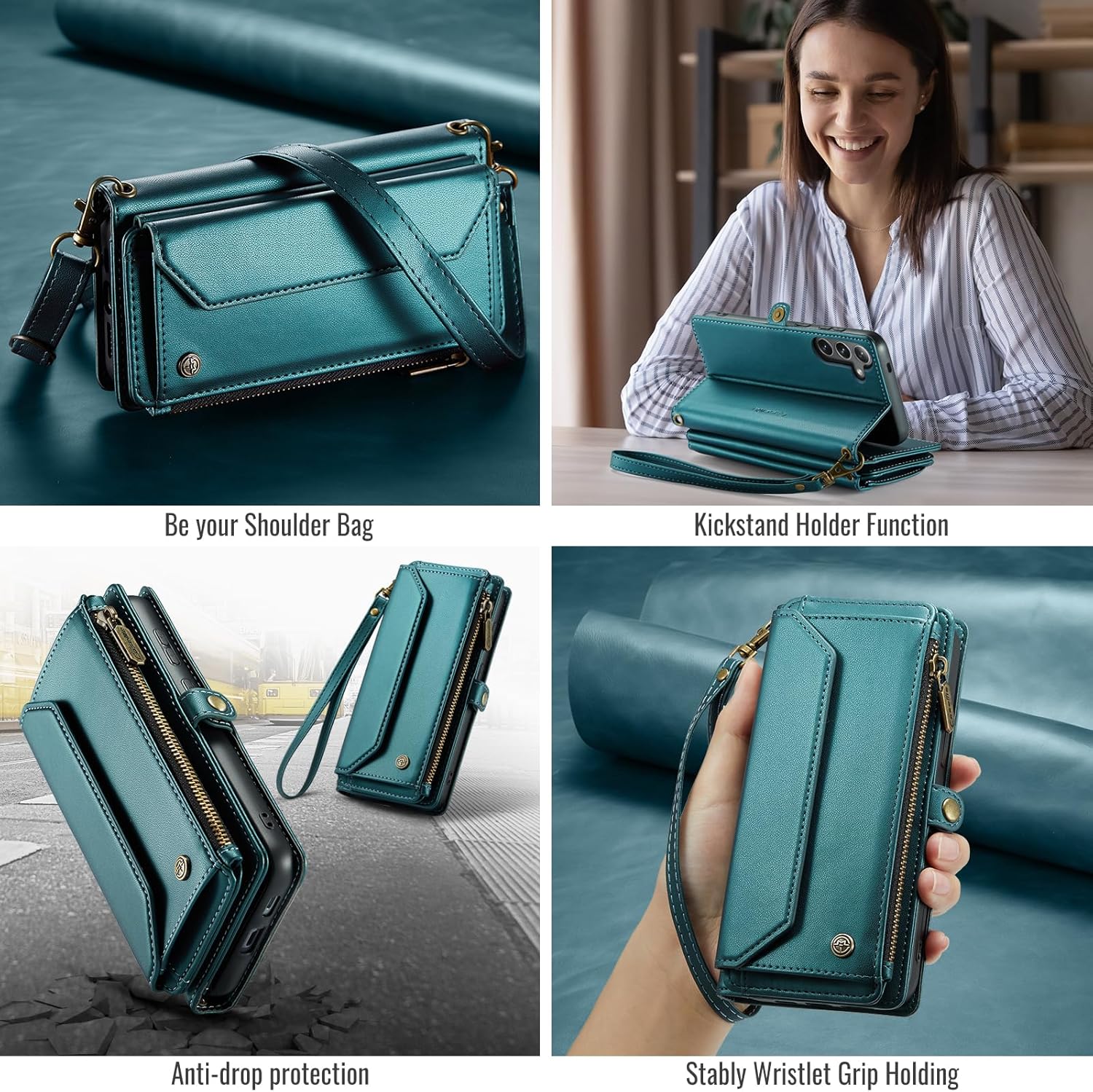 Compatible with Samsung Galaxy S25 FE Leather Case, [RFID Blocking] Multi-Functional Wallet Handbag Leather Case with Card Slots Kickstand Crossbody Shoulder Strap for Women Men (Green)