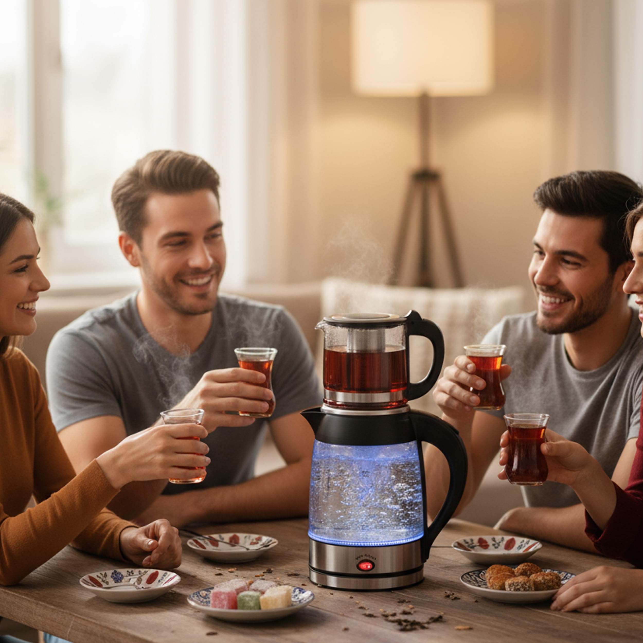 Siberg Set di bollitore da tè 3 in 1 – Macchina da tè turca con bollitore da 1,8 l, caraffa in vetro da 800 ml, potenza 2200 W, funzione di mantenimento al caldo, senza BPA