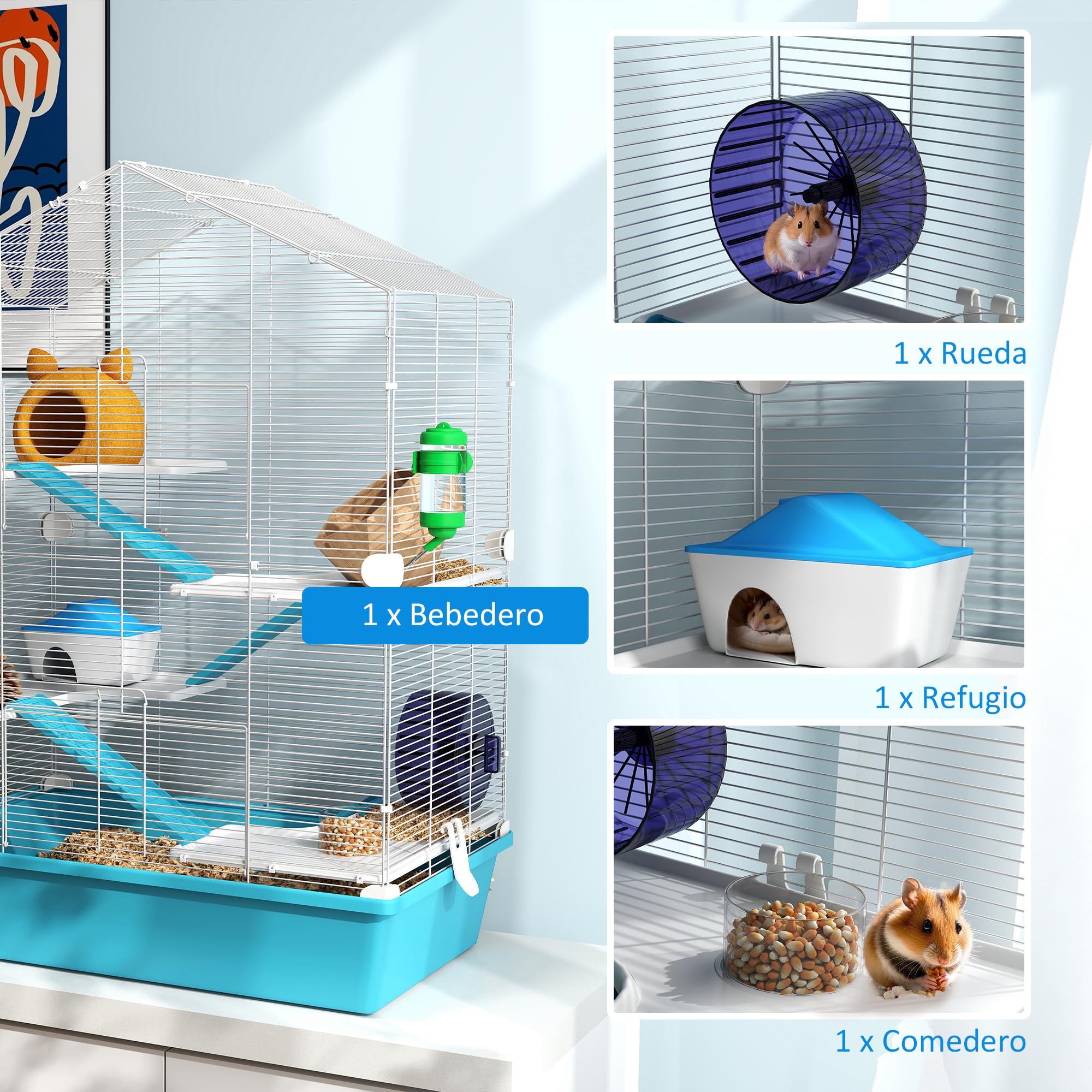 PawHut Jaula para Hámster de 5 Niveles Casa para Animales Pequeños con Plataformas Cuenco Bebedero Casita Rampas y Rueda de Ejercicio 58x36x81 cm Azul Claro