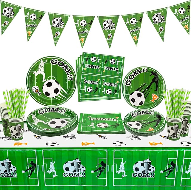 Football Party Supplies - Includes Football Flag, Plates, Napkins, Cups, Tablecloth and Paper Straws for Boys Sports Theme Birthday Decorations, Serves 20 Guests
