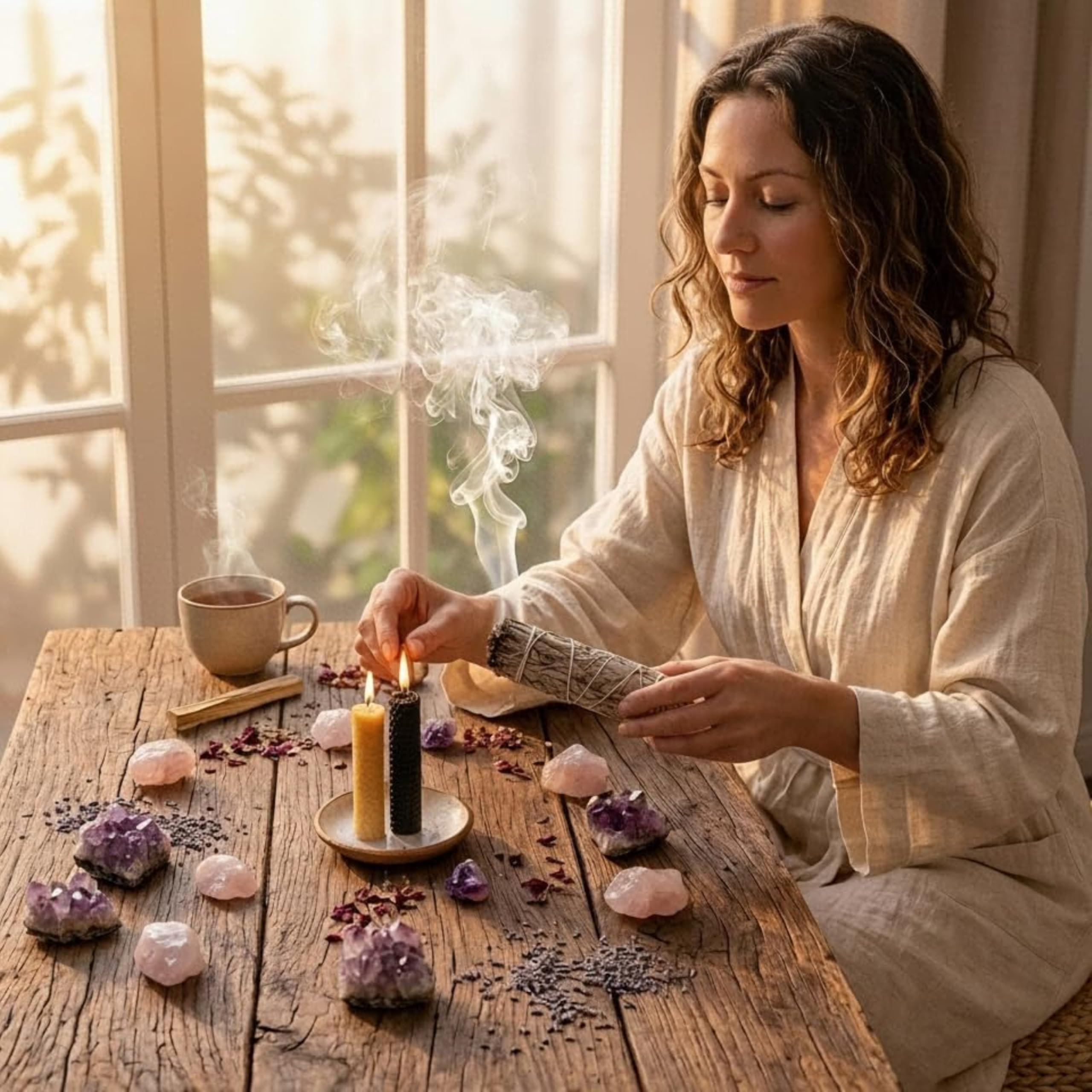 Kit Limpieza Energética Salvia Blanca Palo Santo 2 Velas Miel Purificación Hogar