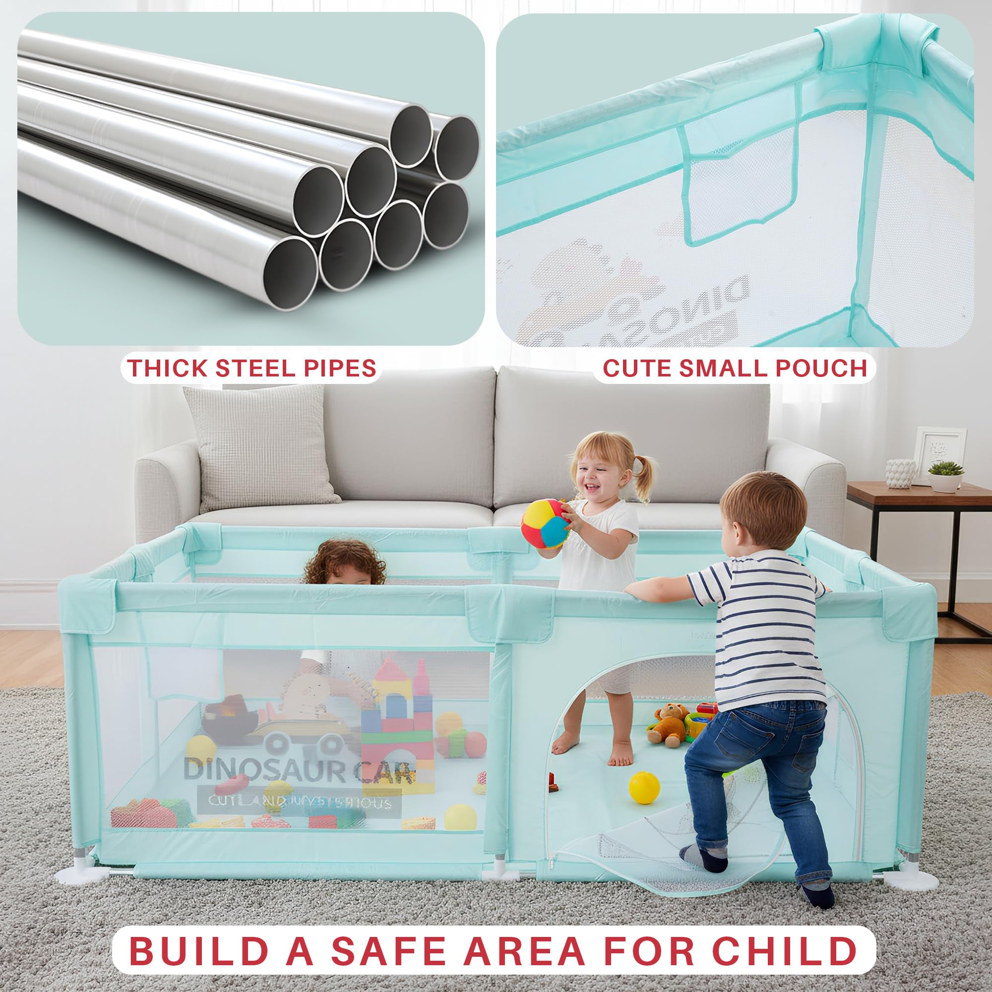 Baybee JoyHub Kids Playpen for Babies | Baby Play Area Indoor Setup with Zipper Door & Toys Pouch | Kids Activity Playards with Corner Protection | Outdoor play pen for baby for 0 - 5 years Boys Girls (200 x 180 CM - Green) 2