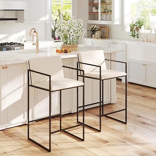 Modern Gold - Juego de 2 taburetes de bar tapizados de piel sintética de 25.5 pulgadas con respaldo y reposabrazos, sillas de mostrador para isla de