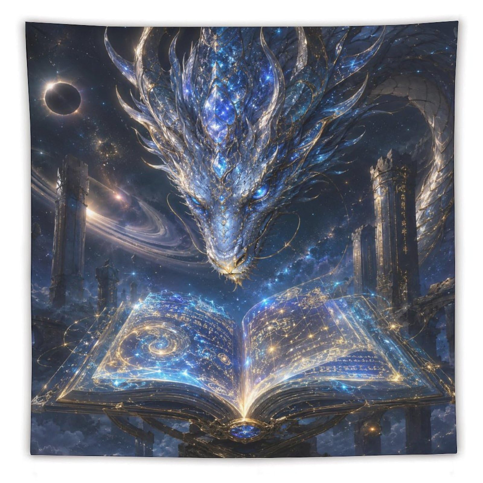 H3B8U2Y5 Blue Dragon Magic Book Wall Tapestry, Surrealist, Reading Corner