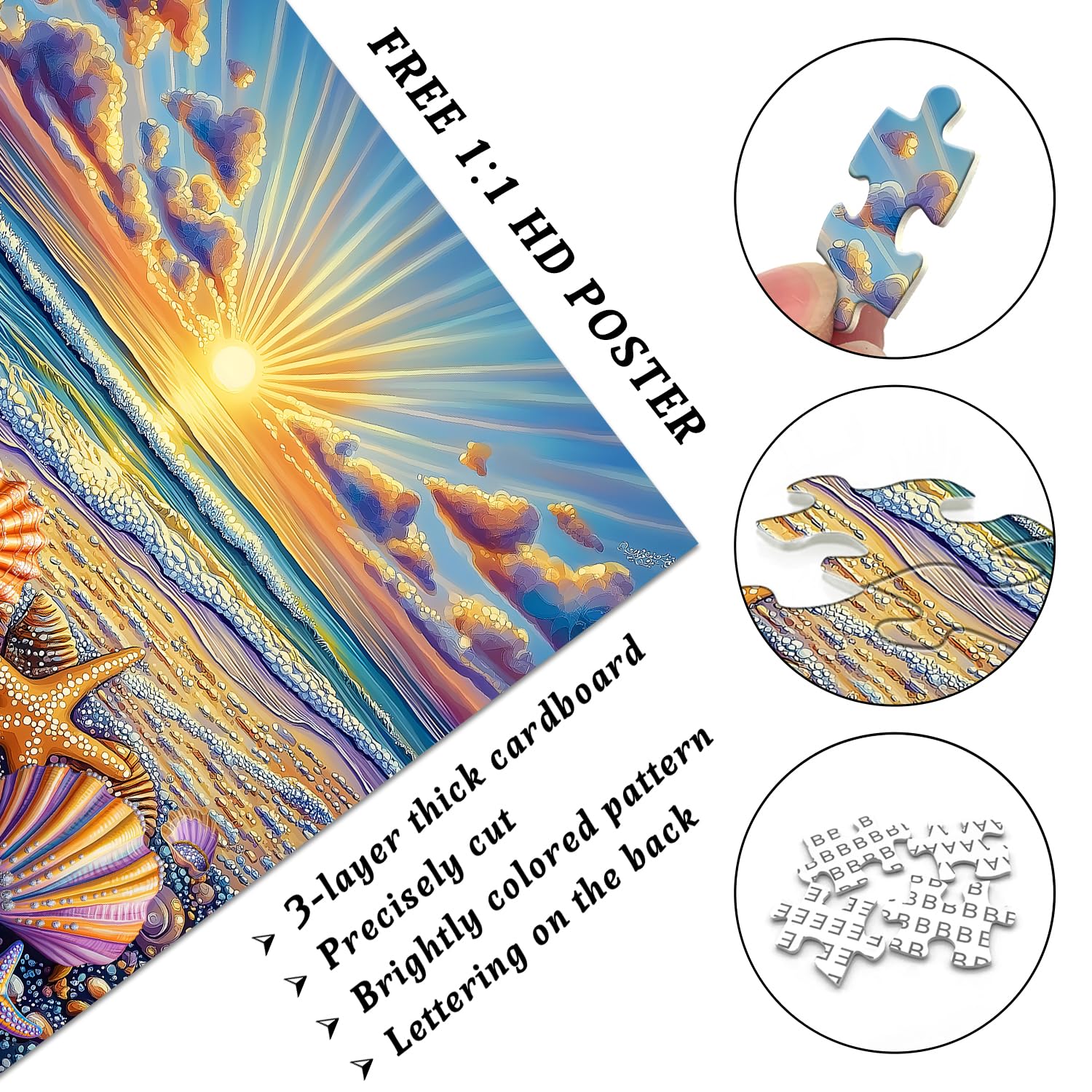 PICKFORU Beach Puzzles for Adults 1000 Piece, Ocean Seashells Puzzle Starfish, Seaside Sunset Scenery Jigsaw Puzzles Beach - Image 4