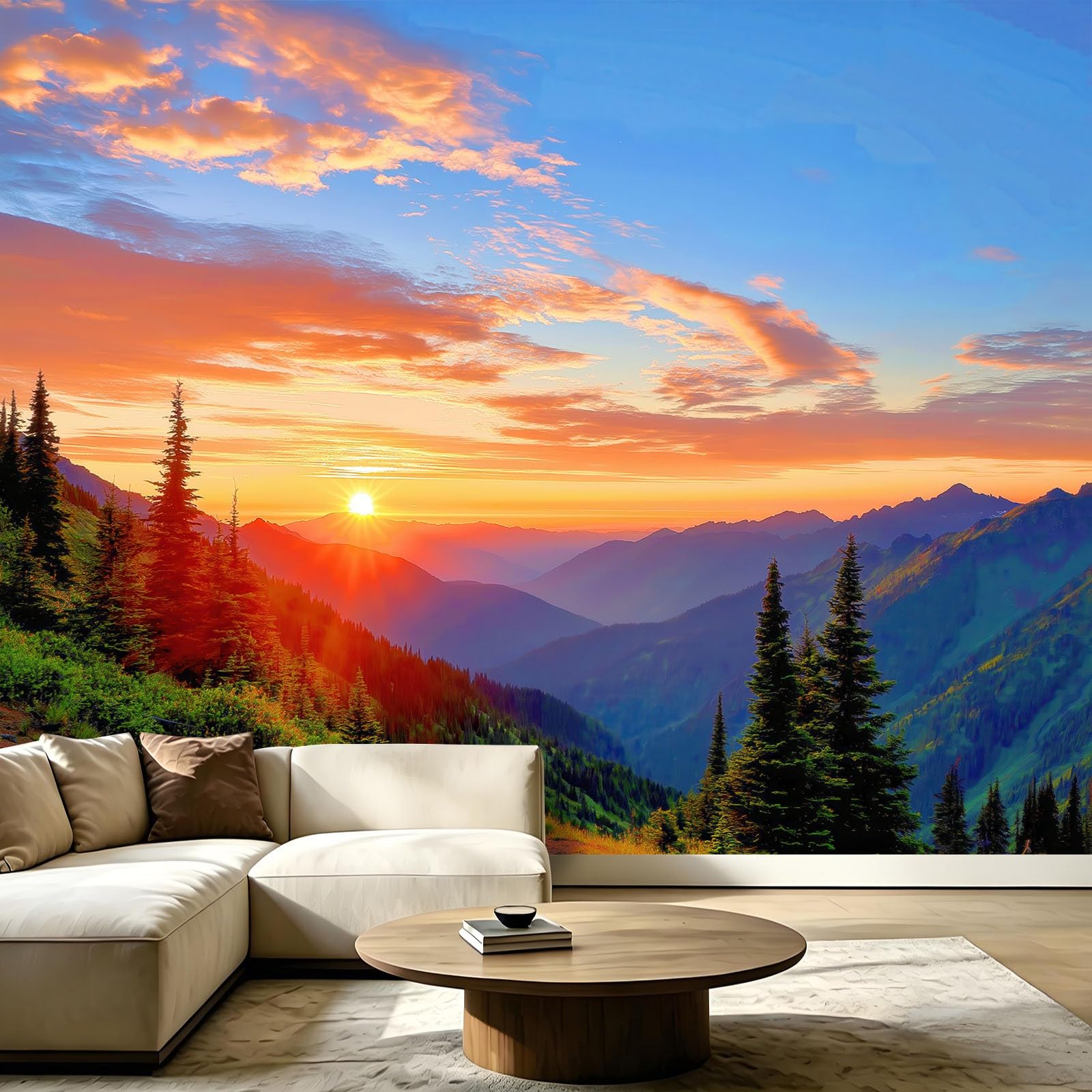 Naturalna sceneria tapeta mural 200 x 140 cm włóknina panoramiczna niestandardowa pokrycie ścian, zachód słońca, różowe chmury, góry, sosny, fototapeta, do salonu, kuchni, jadalni, sypialni, domu