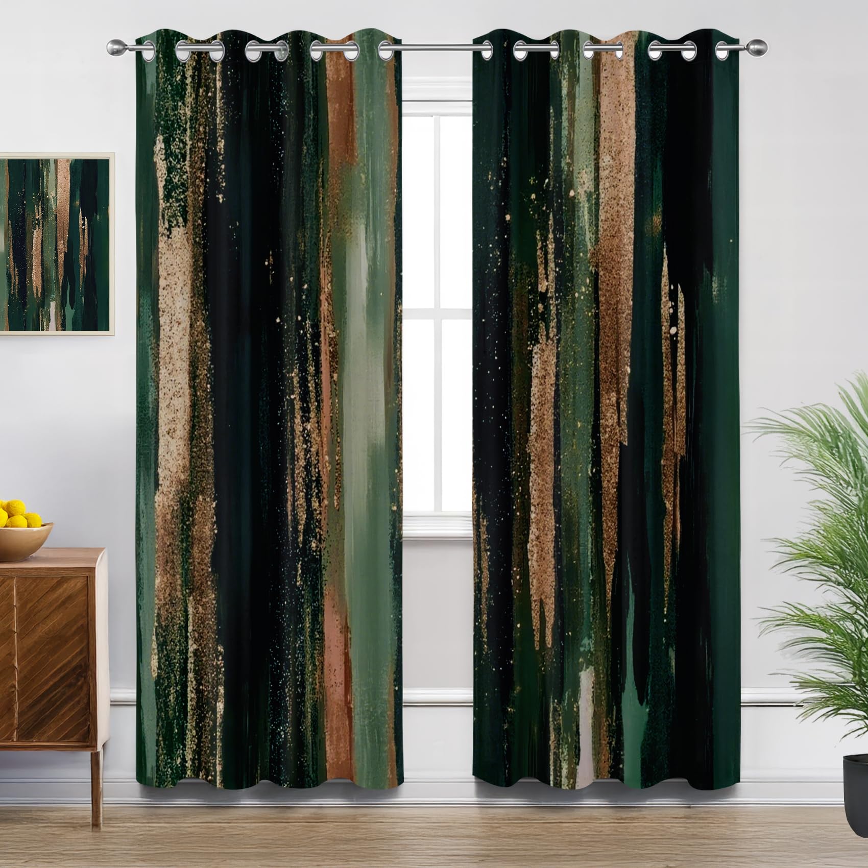 Mistela Green Curtains for Living Room, Dark Green and Brown Modern Abstract Luxury Blackout Curtains Thermal Insulated Bedroom Curtain Eyelet, W54 X D90, 2 Panels Drapes House Decorations