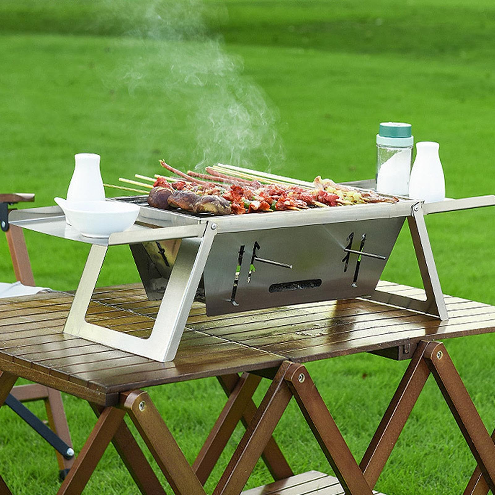 Przenośny Grill Węglowy Grill Kempingowy na Węgiel | Stalowa Ruszta Przenośna Oszczędzająca Miejsce na Kemping Piknik Plażę Kampery Ogród