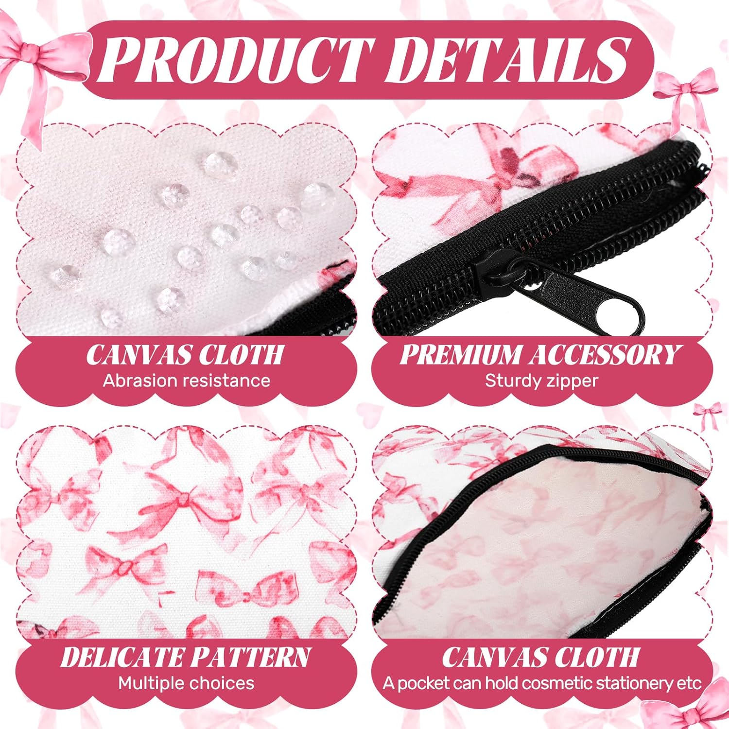 Kacctyen 9 Pcs Pink Bow Makeup Bag for Women Coquette Cosmetic Bag Bulk Preppy Pouch Coquette Gift with Zipper for Birthday Paty Favor Girls Travel Storage Accessories - Image 3