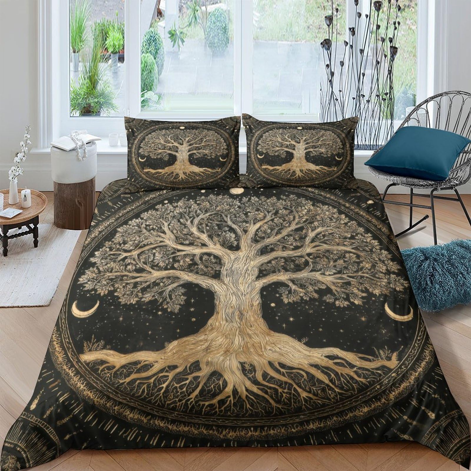 GPLZQXKJNH 3D Printed Tree of Life Duvet Cover Microfiber Soft Breathable Moon Forest Bedding Set with 2 Pillowcases, for Bedroom Decor Single（135x200cm）