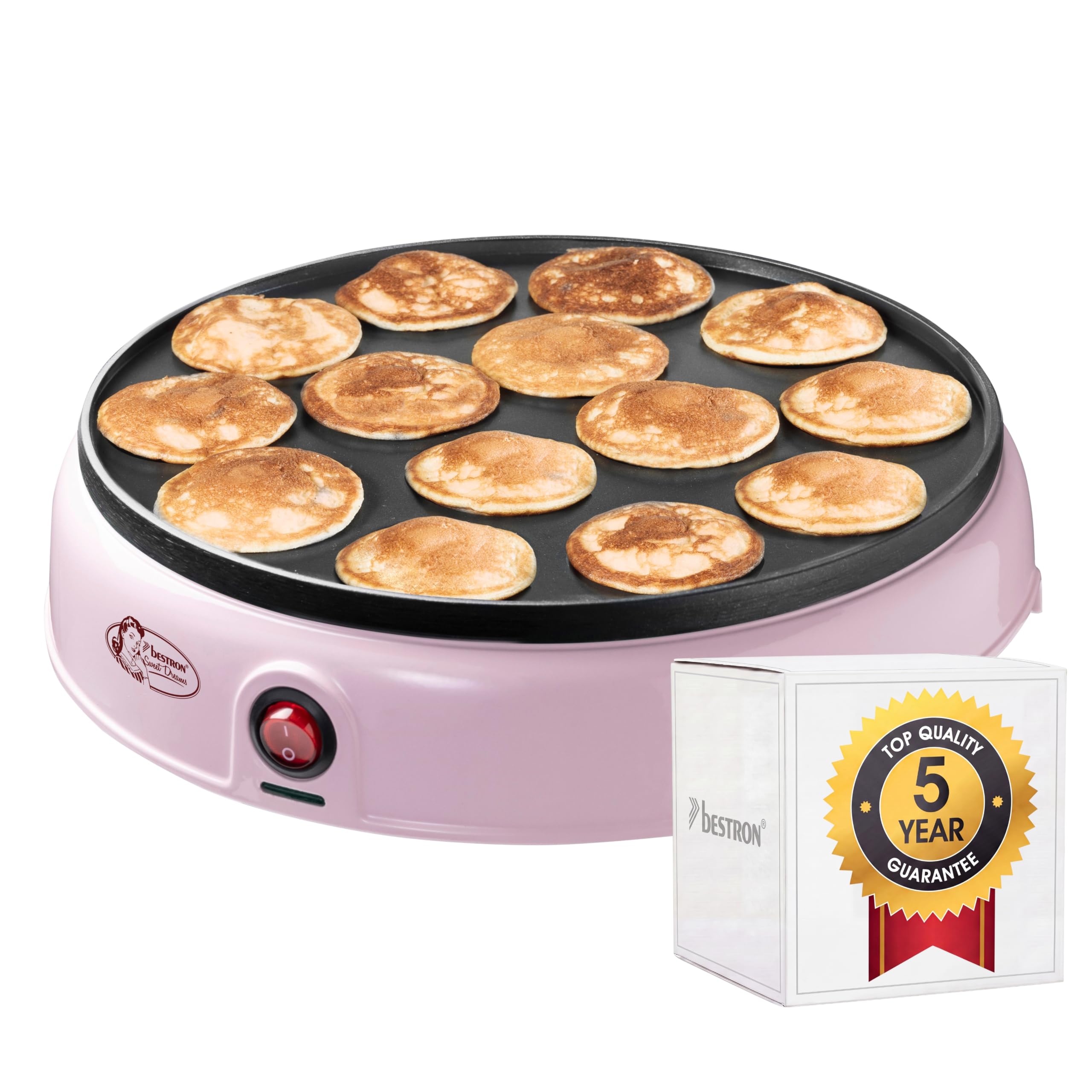 Bestron macchina per poffertjes dal design retrò, mini crepes, specialità olandese, macchina per pancake con rivestimento antiaderente e spia luminosa, collezione Sweet Dreams, colore: rosa