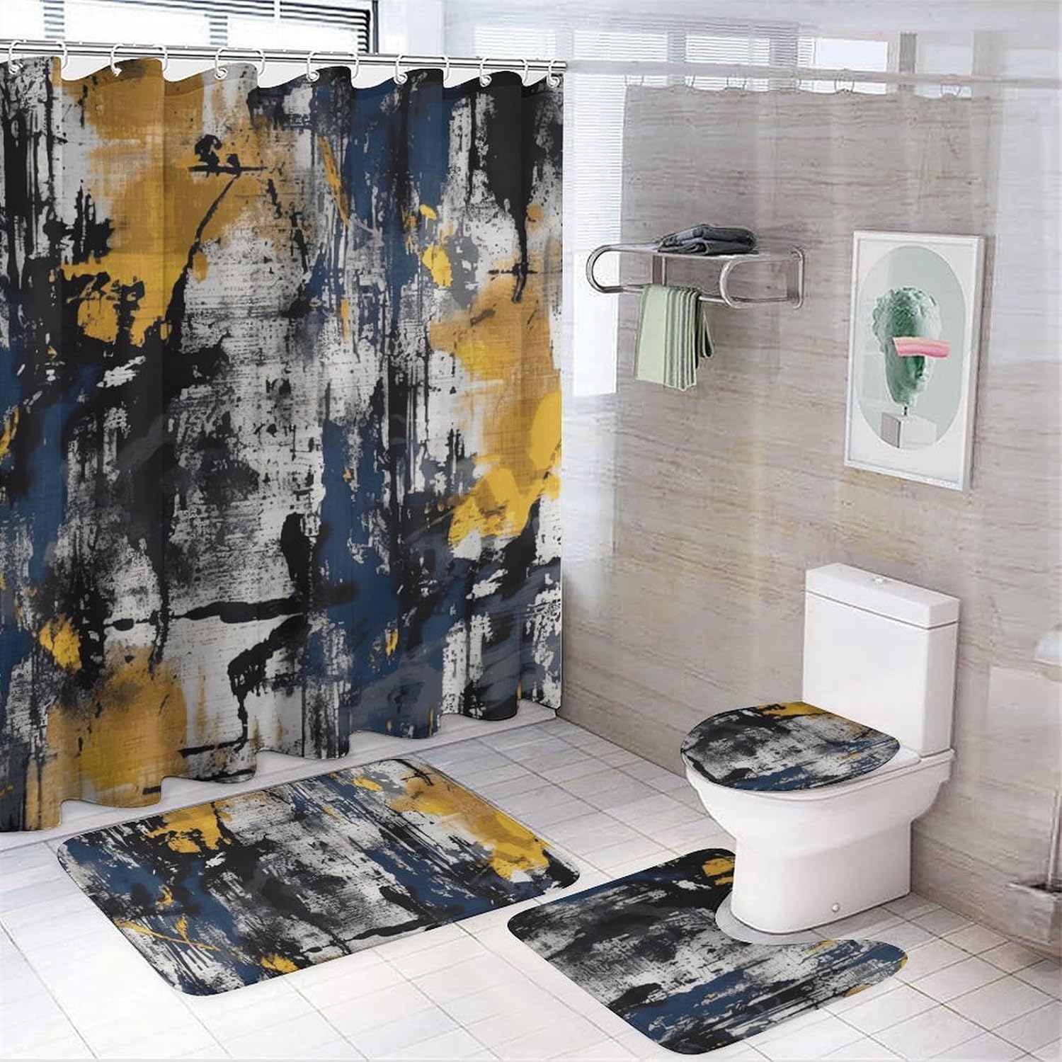 Navy Blue Color Shower Curtain Set 4 Piece, Non-Slip Bath Mat with Toilet Lid Cover and Waterproof Shower Curtain with 12 Hooks, Complete Bathroom Set for Home Decor