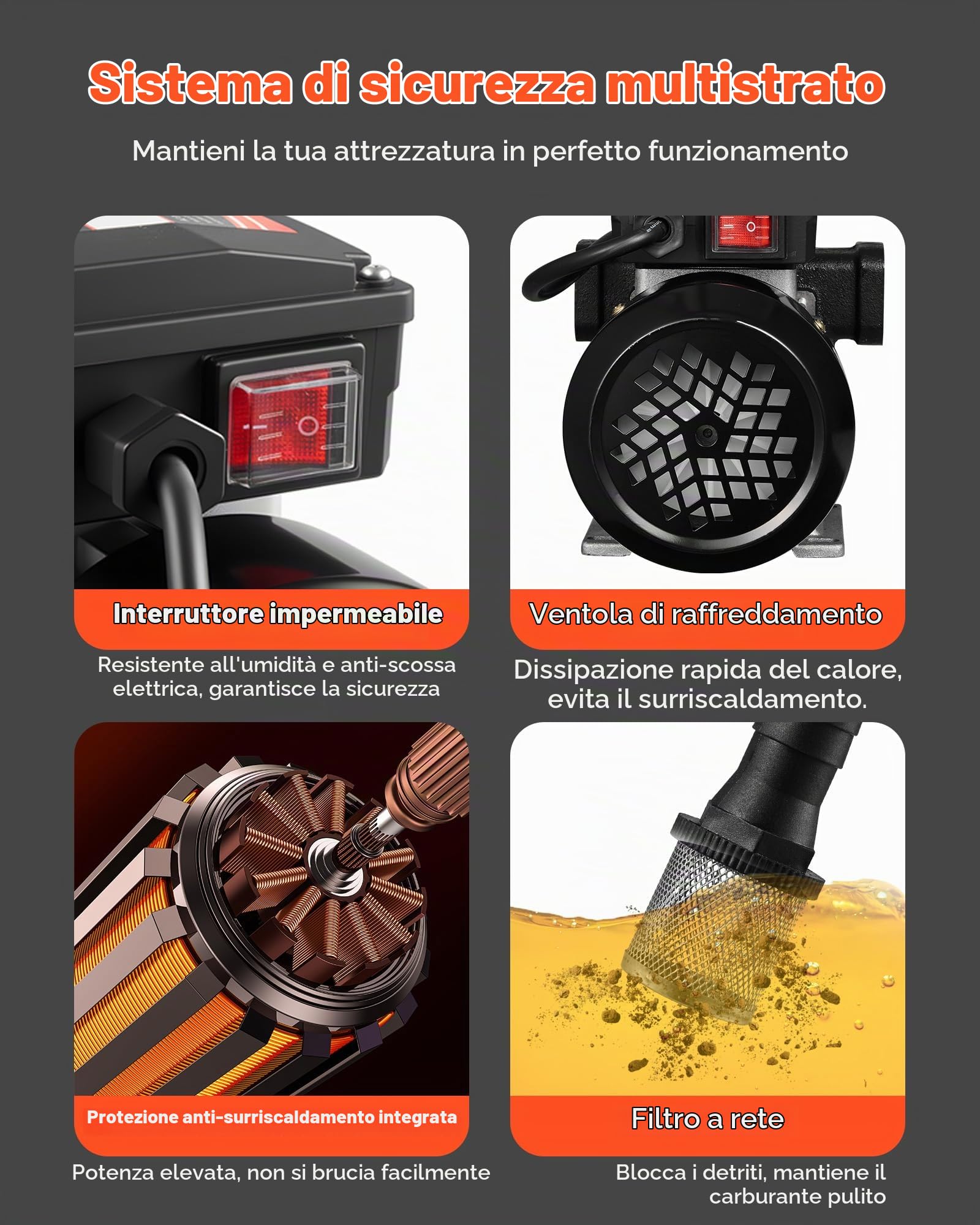 VEVOR Pompa Elettrica di Trasferimento Carburante, 60 L/min, Altezza di Sollevamento Max. 13,7 m, con Ugello Carburante Automatico e 2 Tubi Flessibili, per Veicoli, Cantieri Edili
