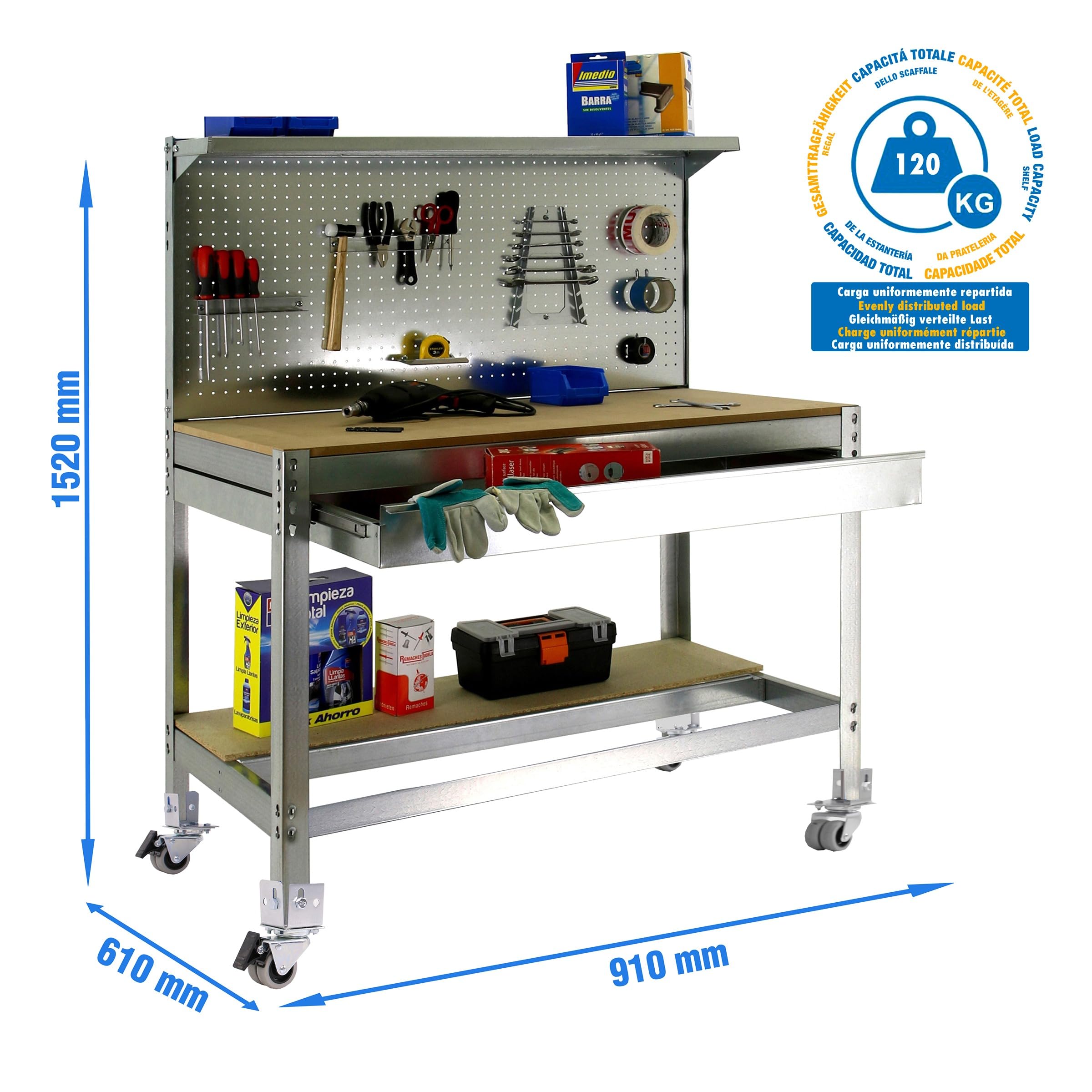 Simon Rack Banco de Trabajo Taller con Ruedas 910x610 mm - BT3 | Panel Perforado y Cajón, Tablero madera 16 mm, Capacidad Carga 120 kg, Galva , Pintura anticorrosión, Montaje sistema clic
