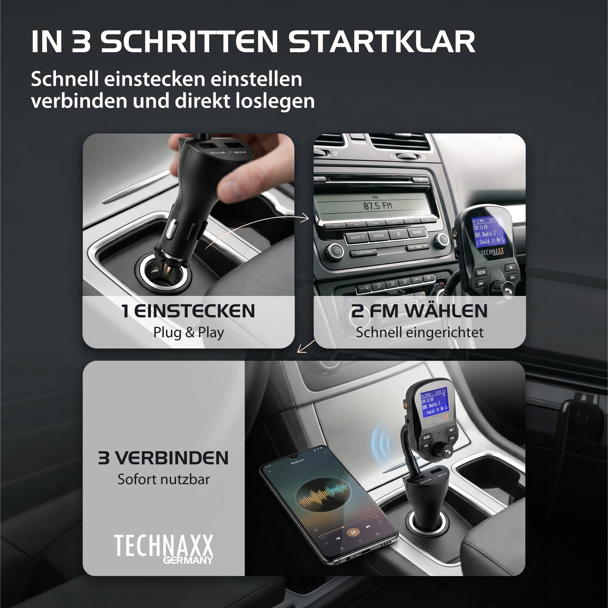 Technaxx FM DAB+ Transmitter FMT1500BT - Freisprecheinrichtung, Bluetooth V4.2, 2X USB, Mikrofon, Anrufe, MicroSD, DAB+ Radio via FM, AUX-IN, großes Display, Musik