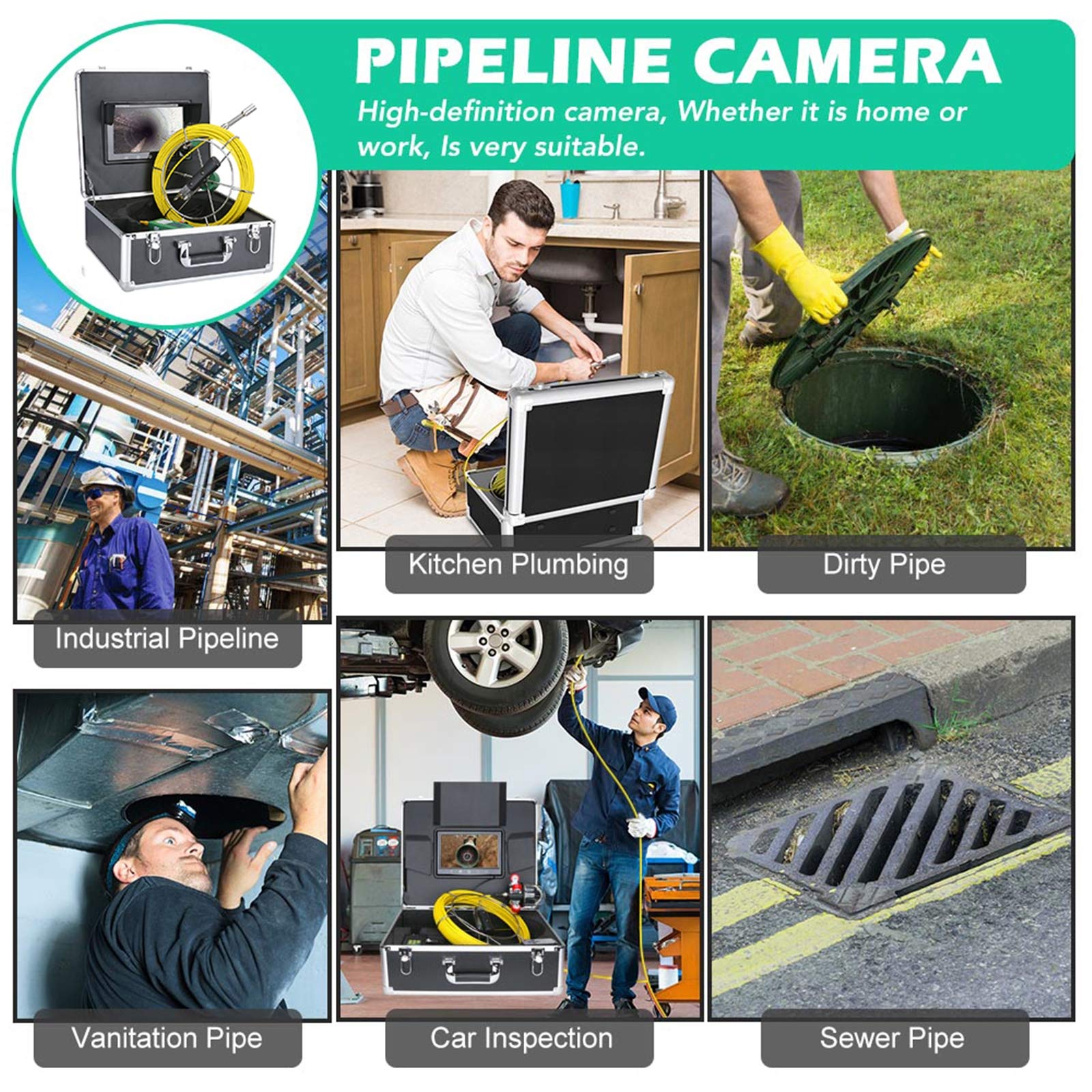 Telecamera di ispezione con luci LED 8 Pezzi, videocamera per scarichi fognari Endoscopio Impermeabile IP68 per tubazioni, periscopio con Monitor da 10 Pollici