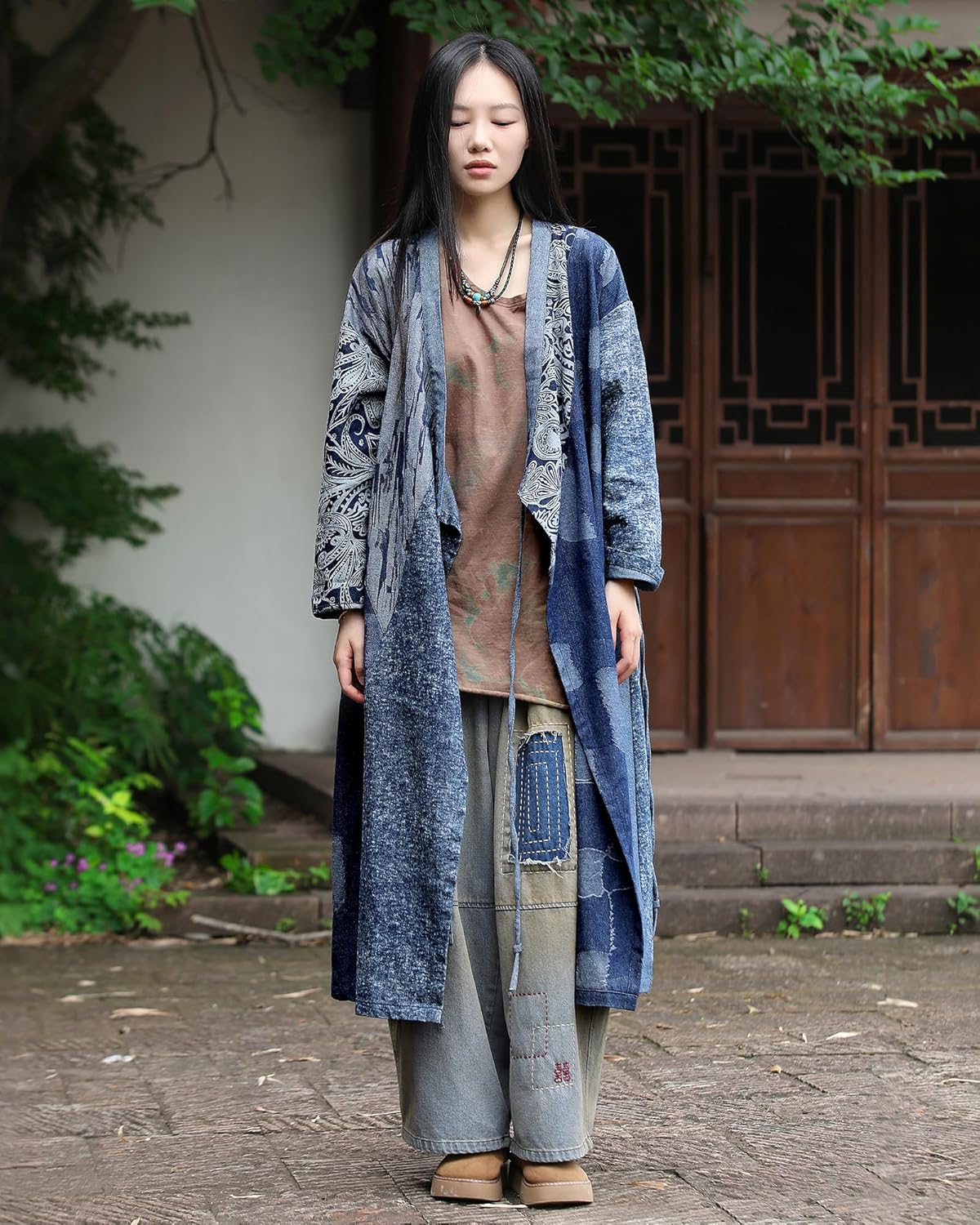 Women's Vintage V-Neck Tie-Belt Long Denim Jacket Coat Streetwear Trench Coat with Graffiti Patchwork Design - Image 4