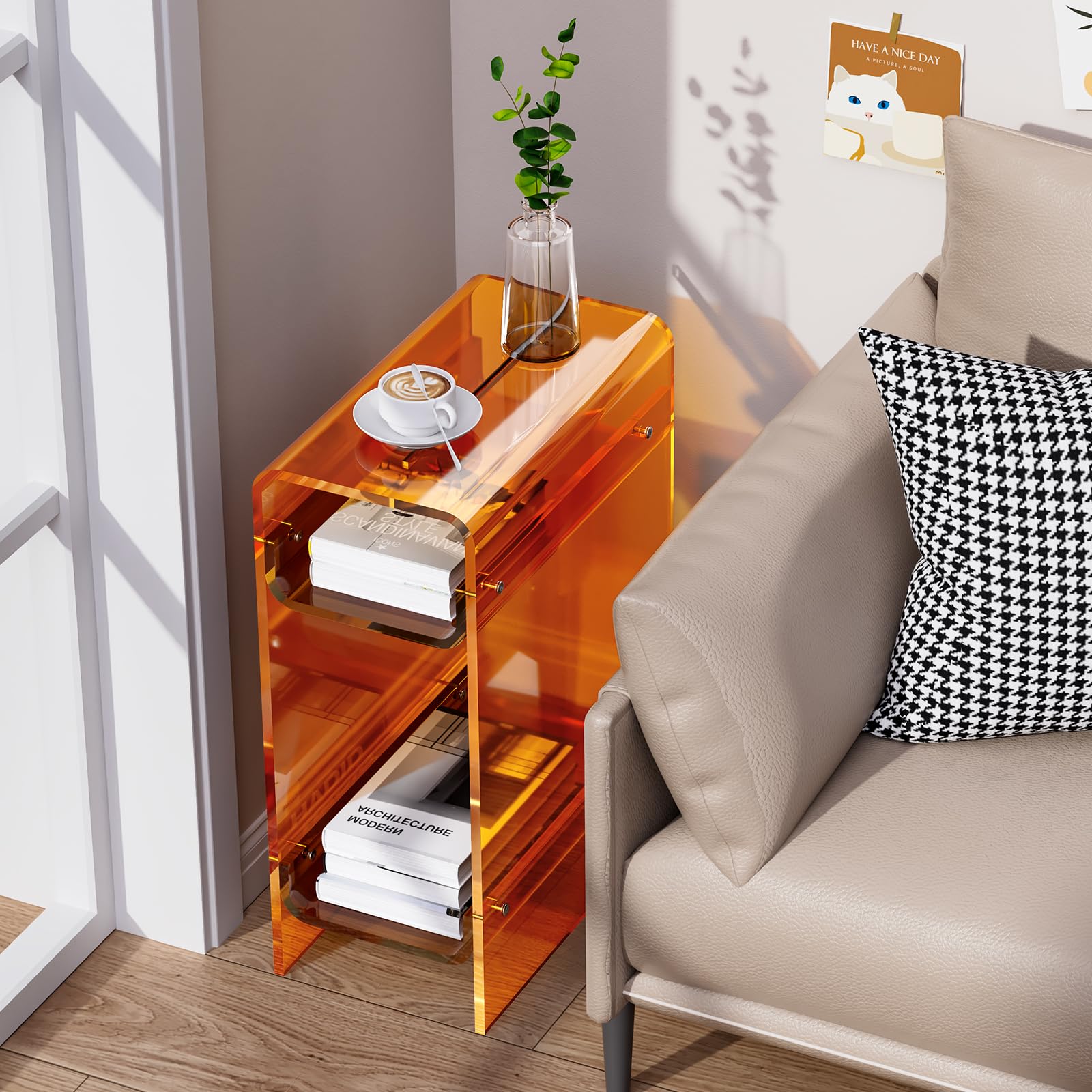 Beistelltisch aus transparentem Acryl, schmal, schmaler Beistelltisch für kleine Räume, schmaler Nachttisch, Nachttisch für Schlafzimmer, Wohnzimmer, Büro (Orange, 22×40×55cm)