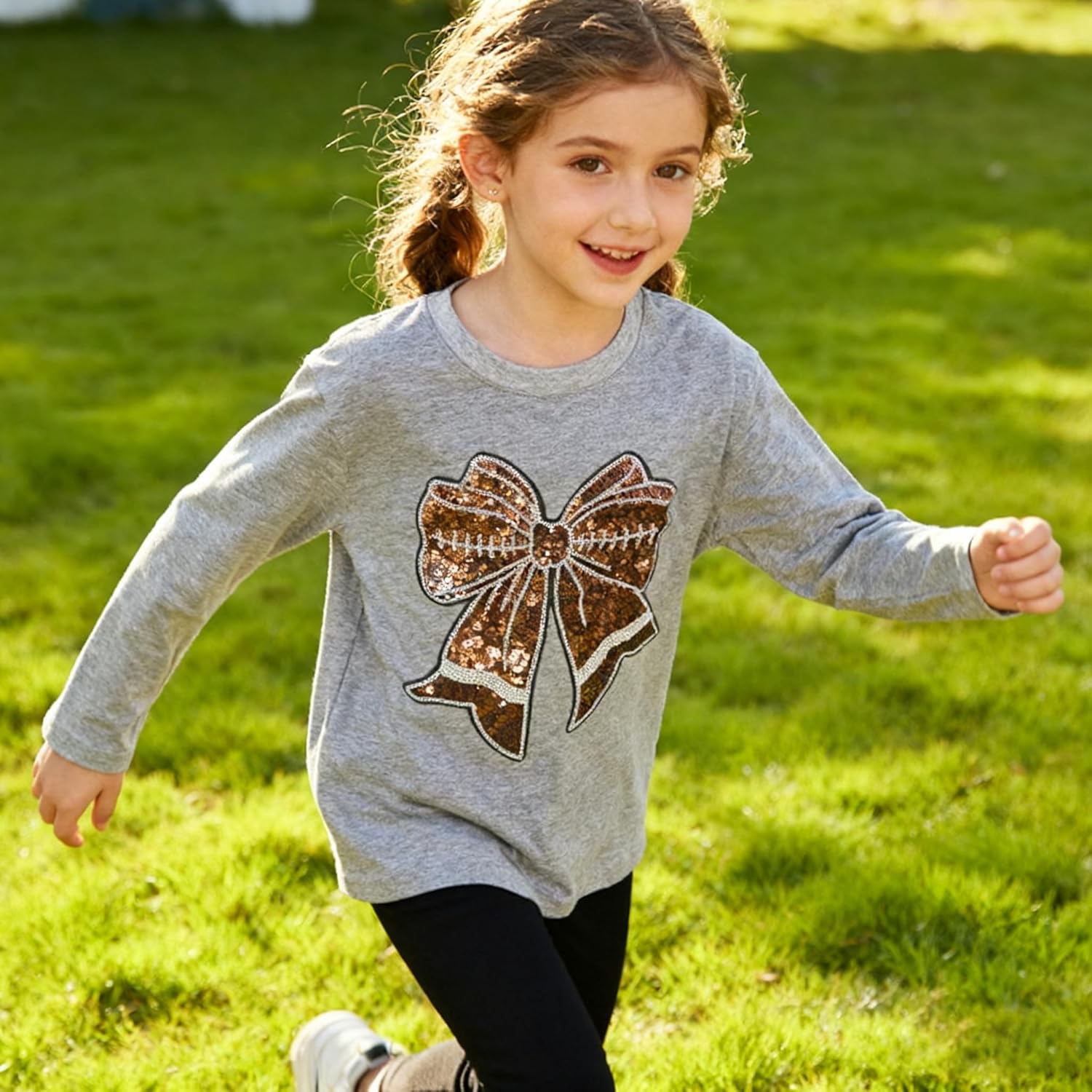 Fashion Girls Football Shirts Sequined Coquette Bow Kids Tshirt Sports Game Day Tee Top for 4-10 Years - Image 3