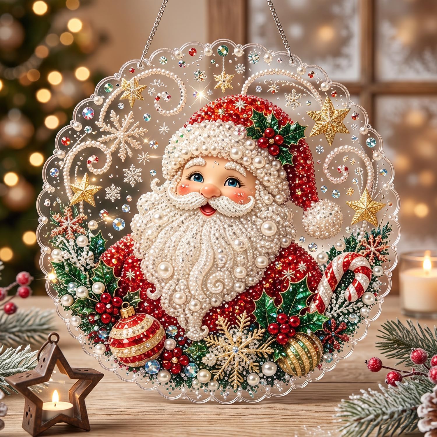 Christmas Pearl Diamond Painting Suncatcher Kit, DIY Craft，Style D：12in