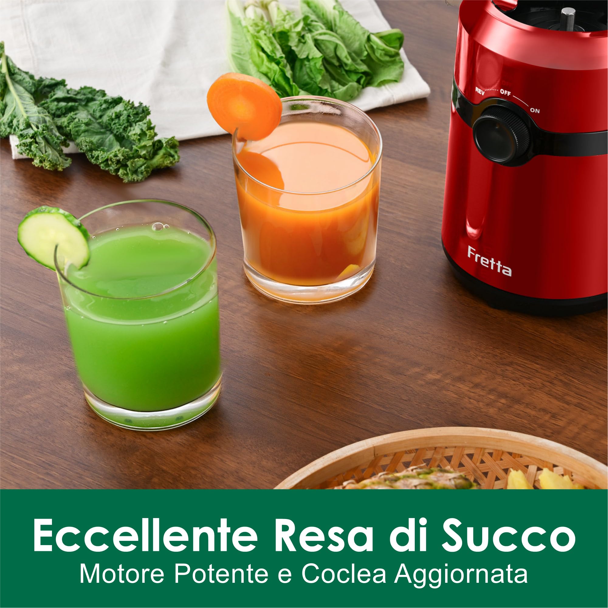 Fretta Estrattore Frutta e Verdura, Apertura Larga da 108mm Adatta a Frutta e Verdure, 1L Capacità, 200W Centrifuga Lenta, 99% Nutrienti Preservati, BPA Free, Facile da Smontare e Pulire