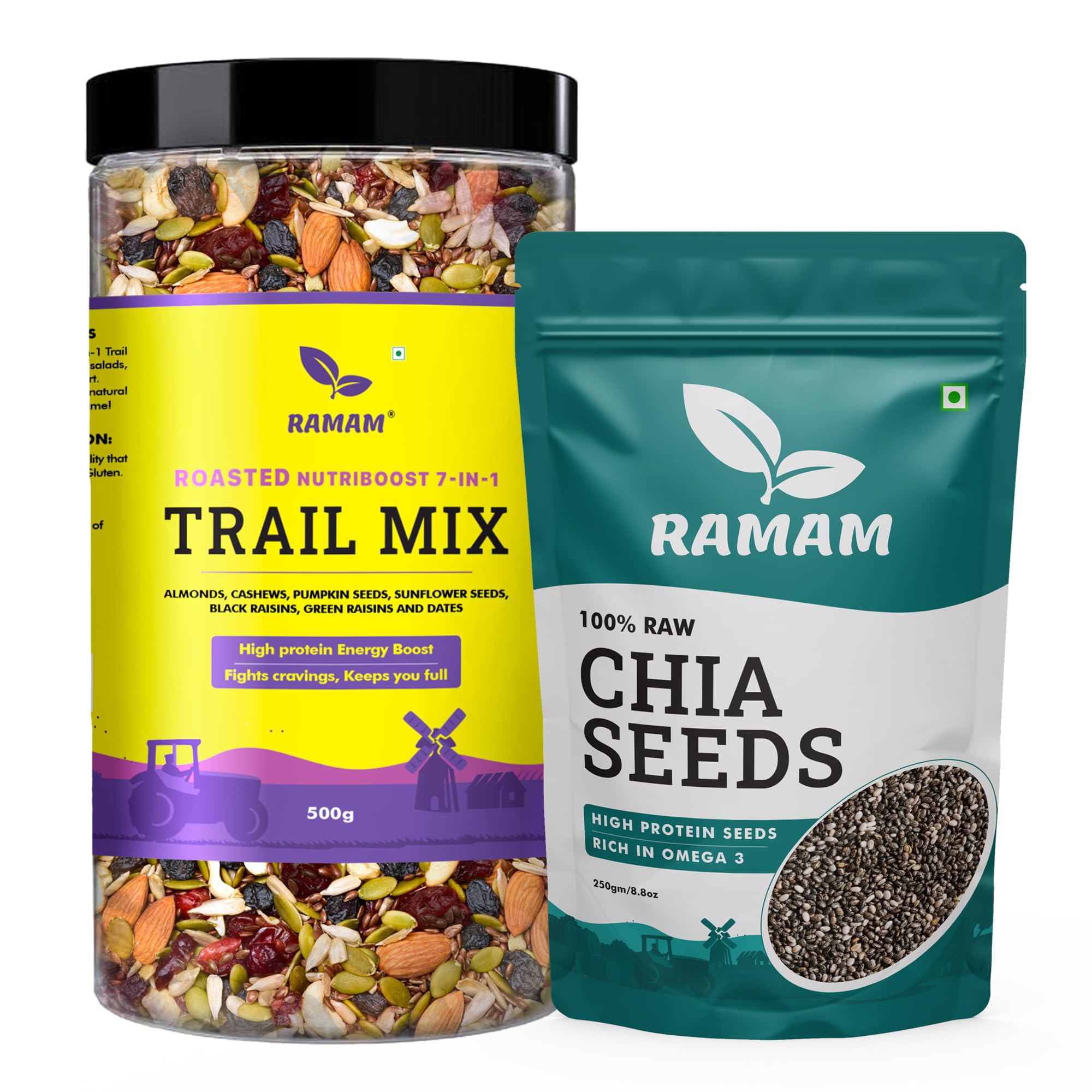 Ramam Nutriboost Premium 7 in 1 Trail Mix 500g & Chia Seeds 250g |Healthy Combo | Omega-3, Protein, Fiber & Calcium | No Added Sugar | Pack of 2-image-43