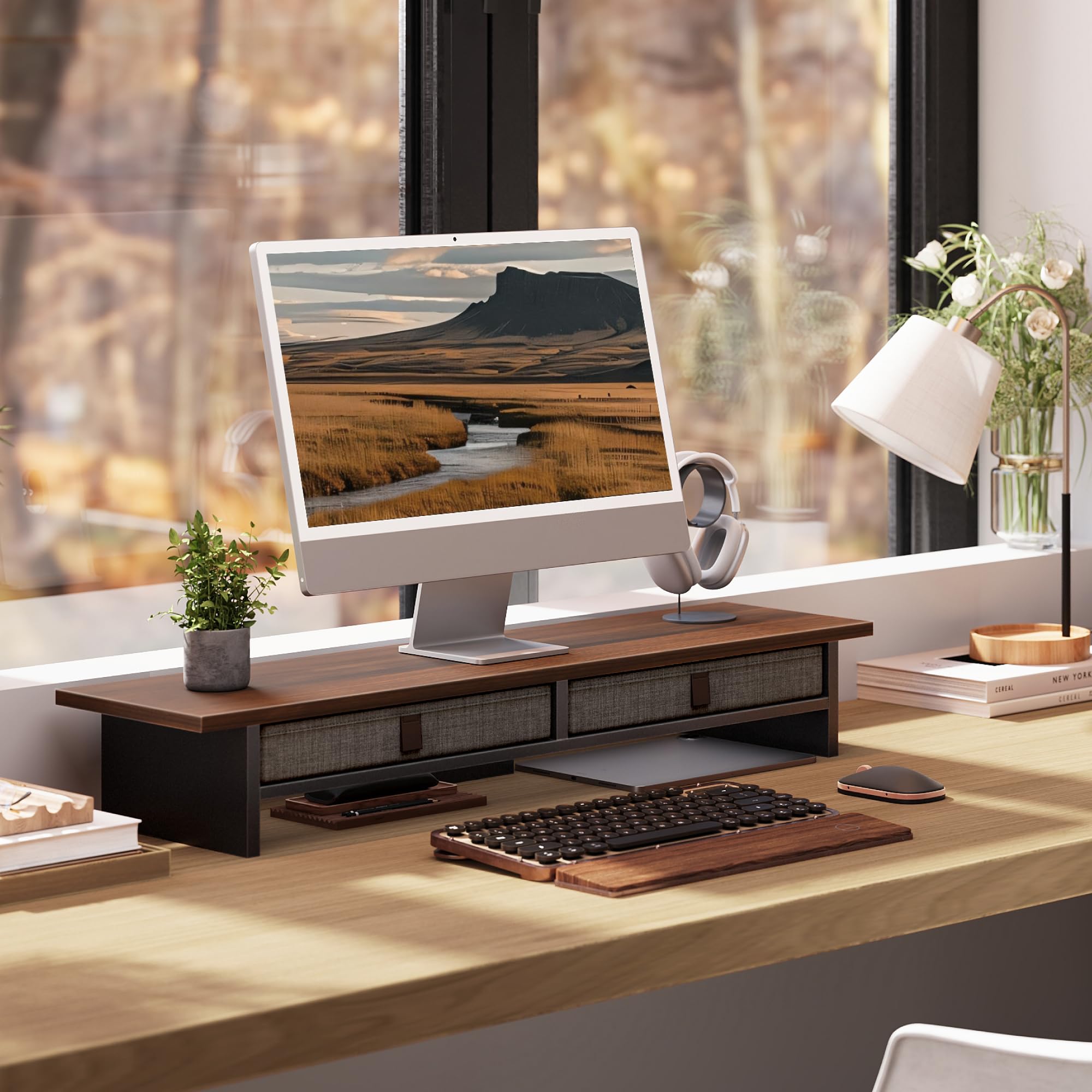 Fenge Support Ecran PC 90cm, 2 Tiroirs Lin, Ordinateur Moniteur TV, Marron | 2 Appareils, Charge 30kg, Pied Supplémentaire, 2 Niveaux, Pastilles Antidérapantes, Organiseur,Écran Imprimante Bureau Maison