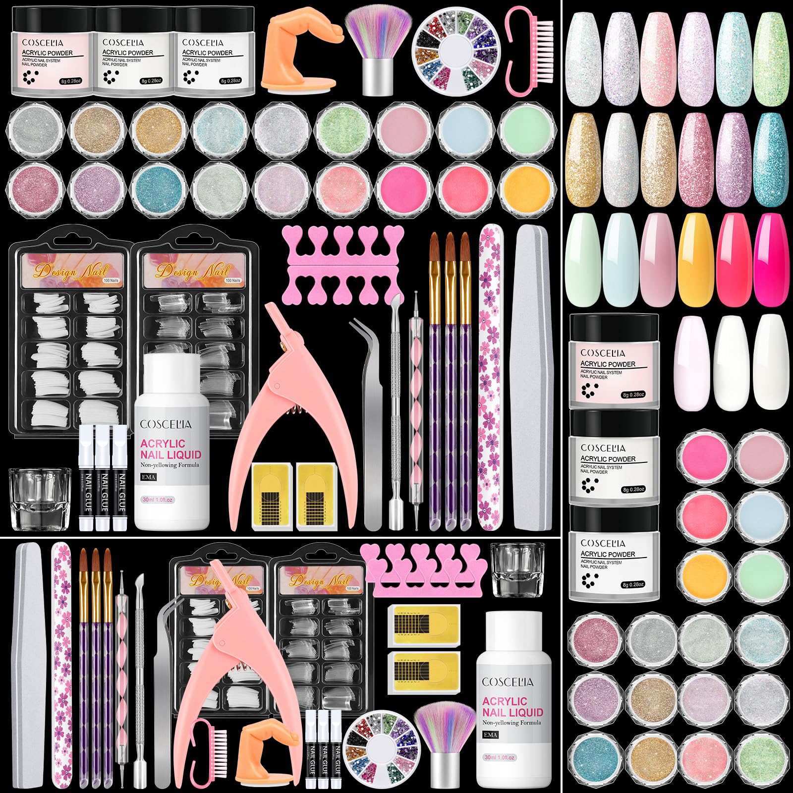 COSCELIA Kit Uñas Acrilicas Completo 21 Colors Acrilico para Uñas Profesional y 30ml Monomero, Glitter Polvo Acrilico para Uñas Acrilico Uñas Extensión Kit para Principiante y Profesional