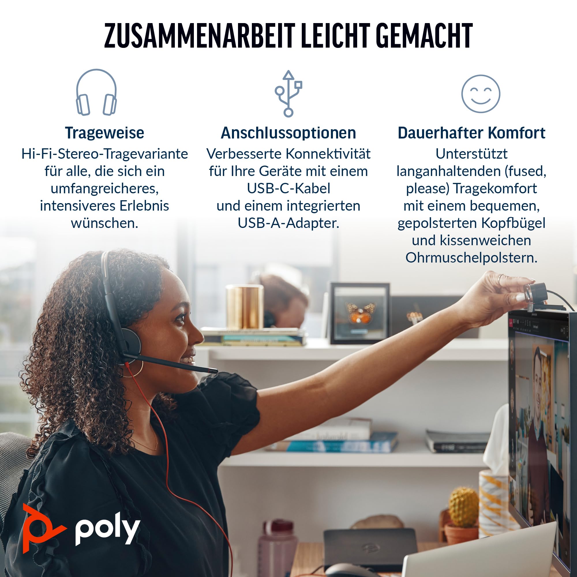 Schnurgebundenes USB-C-Headset Poly Blackwire 3320 – Flexibler Mikrofonarm – Hi-Fi-Stereo – Verbindung mit PC/Mac über USB-C oder USB-A – Zertifiziert für Microsoft Teams