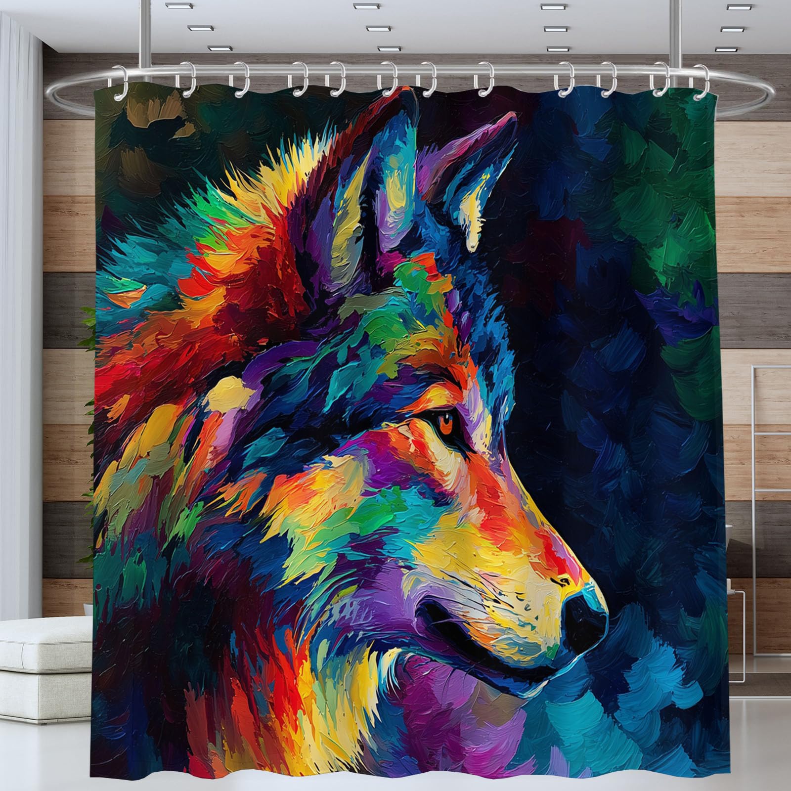 Wasserdichter Duschvorhang Polyester mit Gekritzel Wilder Tiere Abstrakter Wolf, Badewanne Badezimmer Vorhang 240x200cm, Waschbar Einfach zu Reinigen, Dunkelblau Duschvorhänge mit 12 Haken