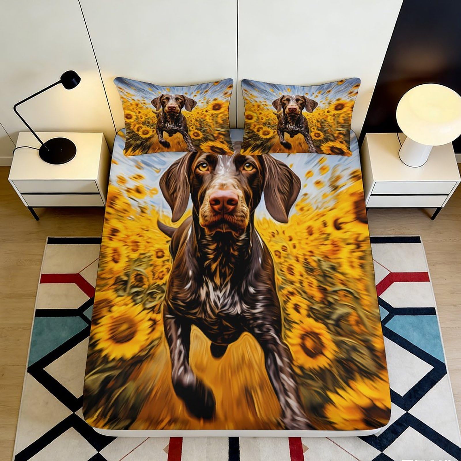 3D Printed Sunflower Field Fitted Sheet Microfiber Non-Slip Brown Dog Bed Cover for Bedroom Guest Room Easy Care 90x200x25cm