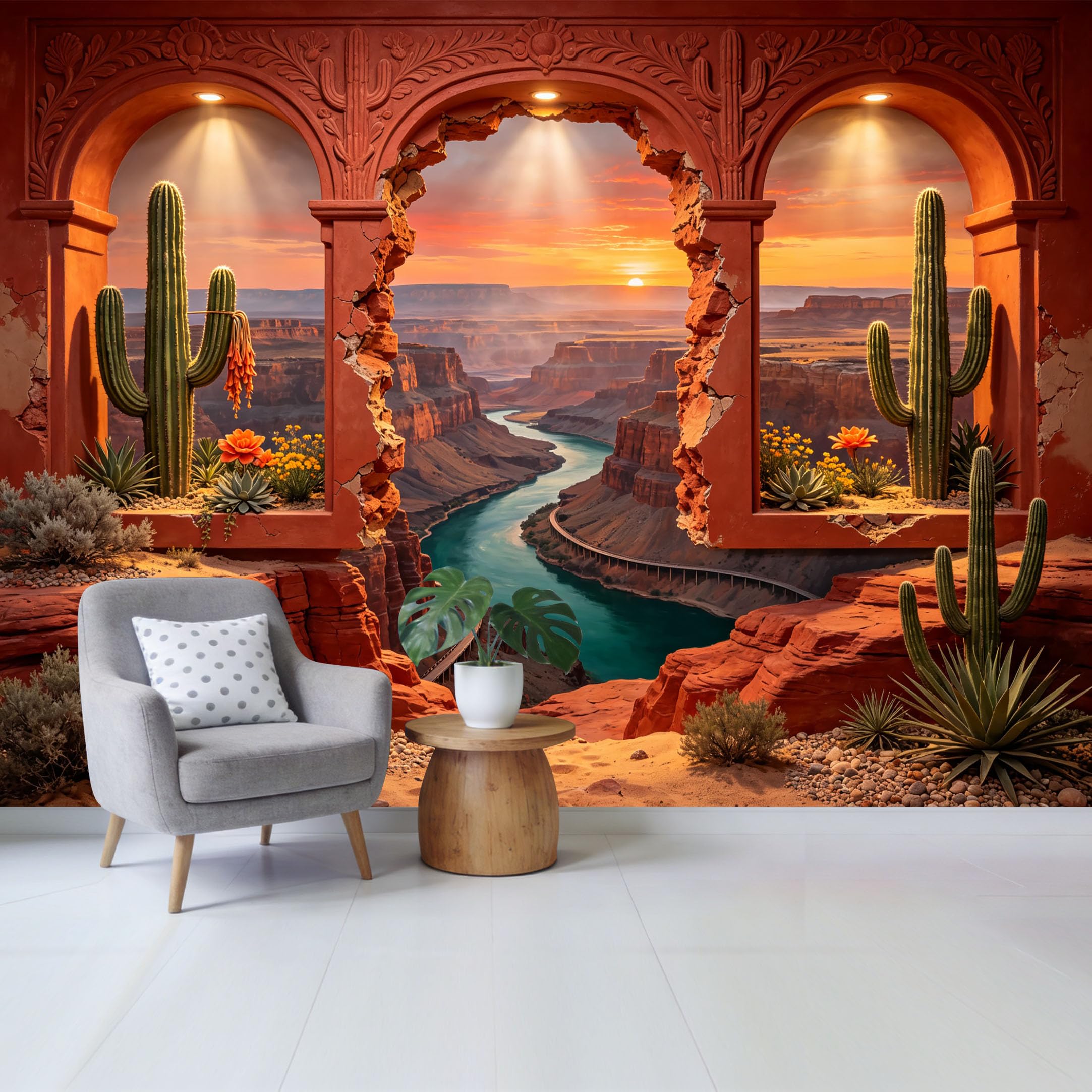 Removable Self Adhesive Fabric Mural， Desert Canyon River Sunset Custom Size Wall Covering， UV Protected Waterproof Washable Wall Decor for Living Room Bedroom Bathroom
