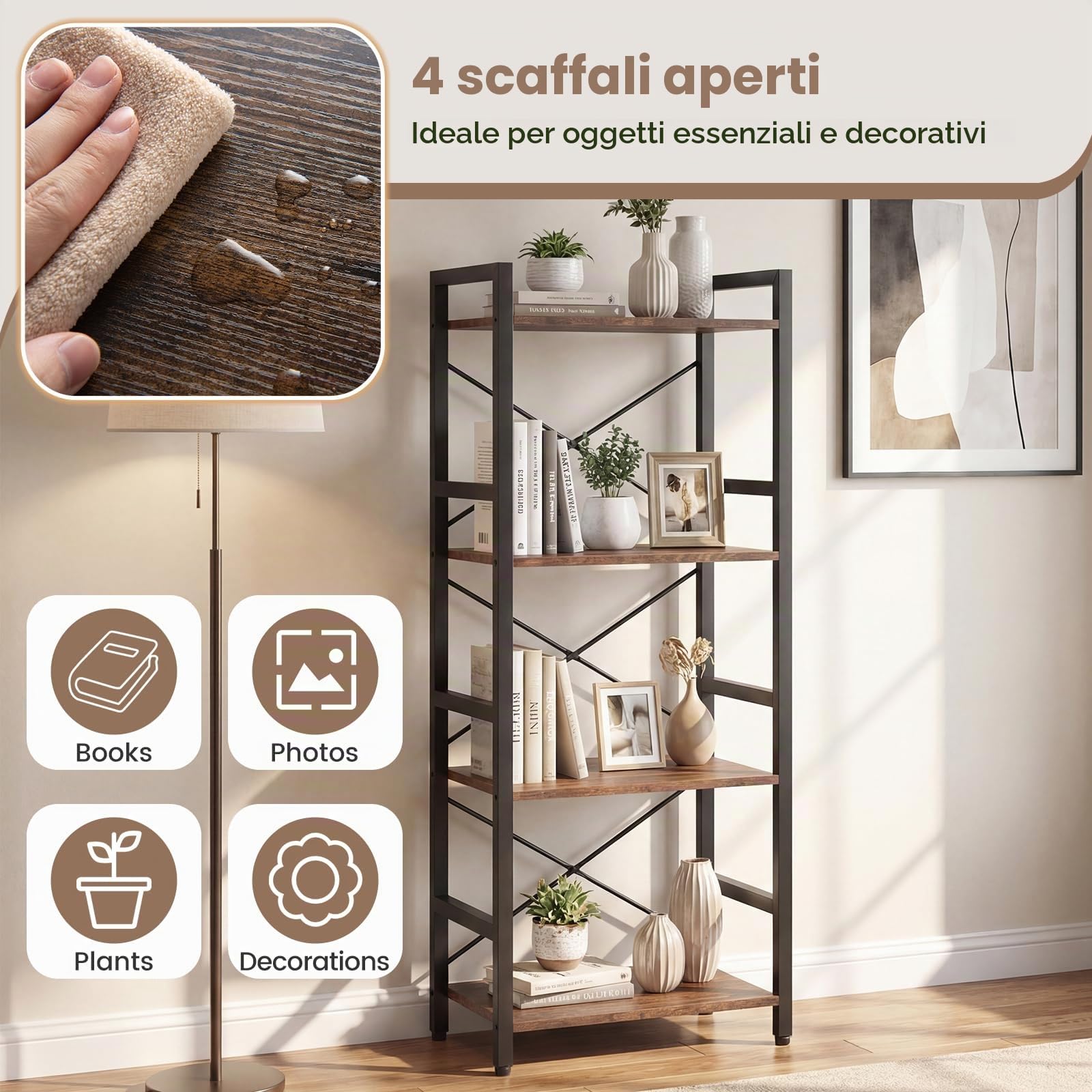 KOMFOTTEU Scaffale a 4 livelli, libreria verticale con ripiani aperti, mobile di stoccaggio stretto con struttura in metallo e dispostivi antiribaltamento per soggiorno, 42 x 28 x 100 cm (marrone e