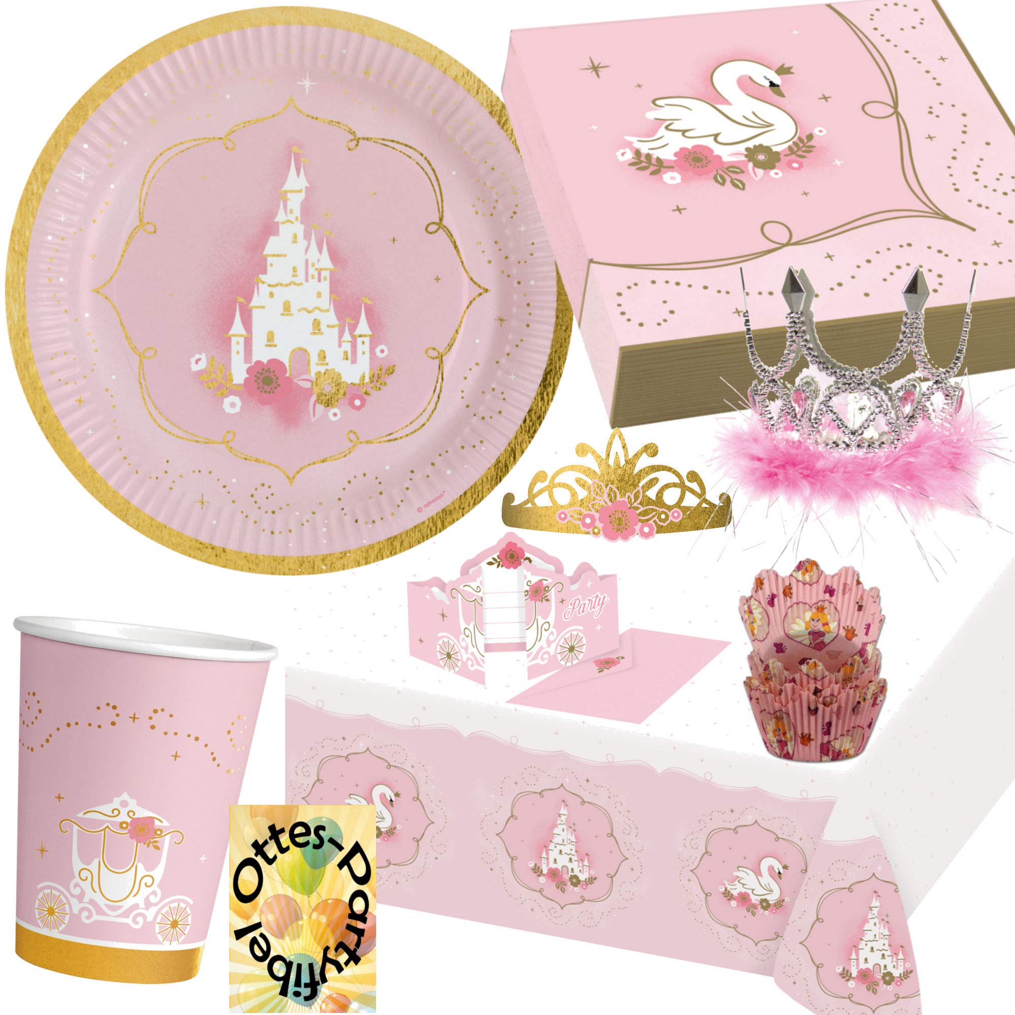 HHO Prinzessin-Party-Set Princess-Party-Set 130tlg. für 16 Gäste Teller Becher Servietten Tischdecke Einladungen Muffinförmchen Tiaras Krone