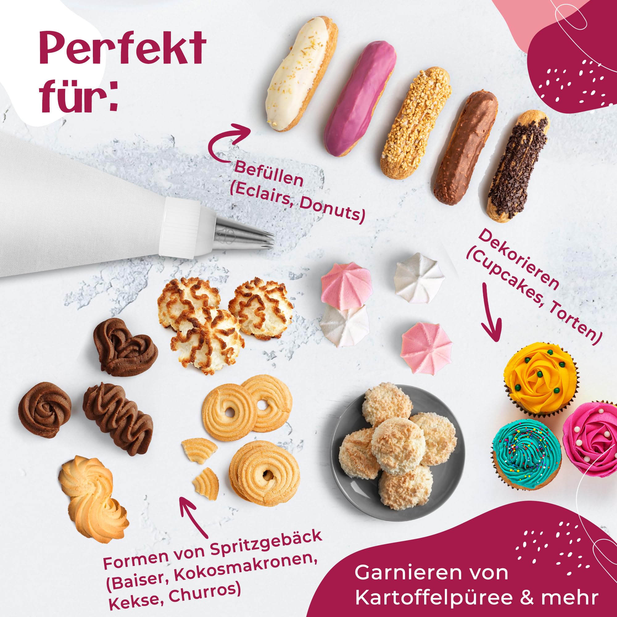 Premium Spritzbeutel mit Tüllen | 11-teilig | 8 große Spritztüllen mit Spritzsack aus Baumwolle (40 cm) - wiederverwendbar und spülmaschinenfest - für Torten & Cupcakes