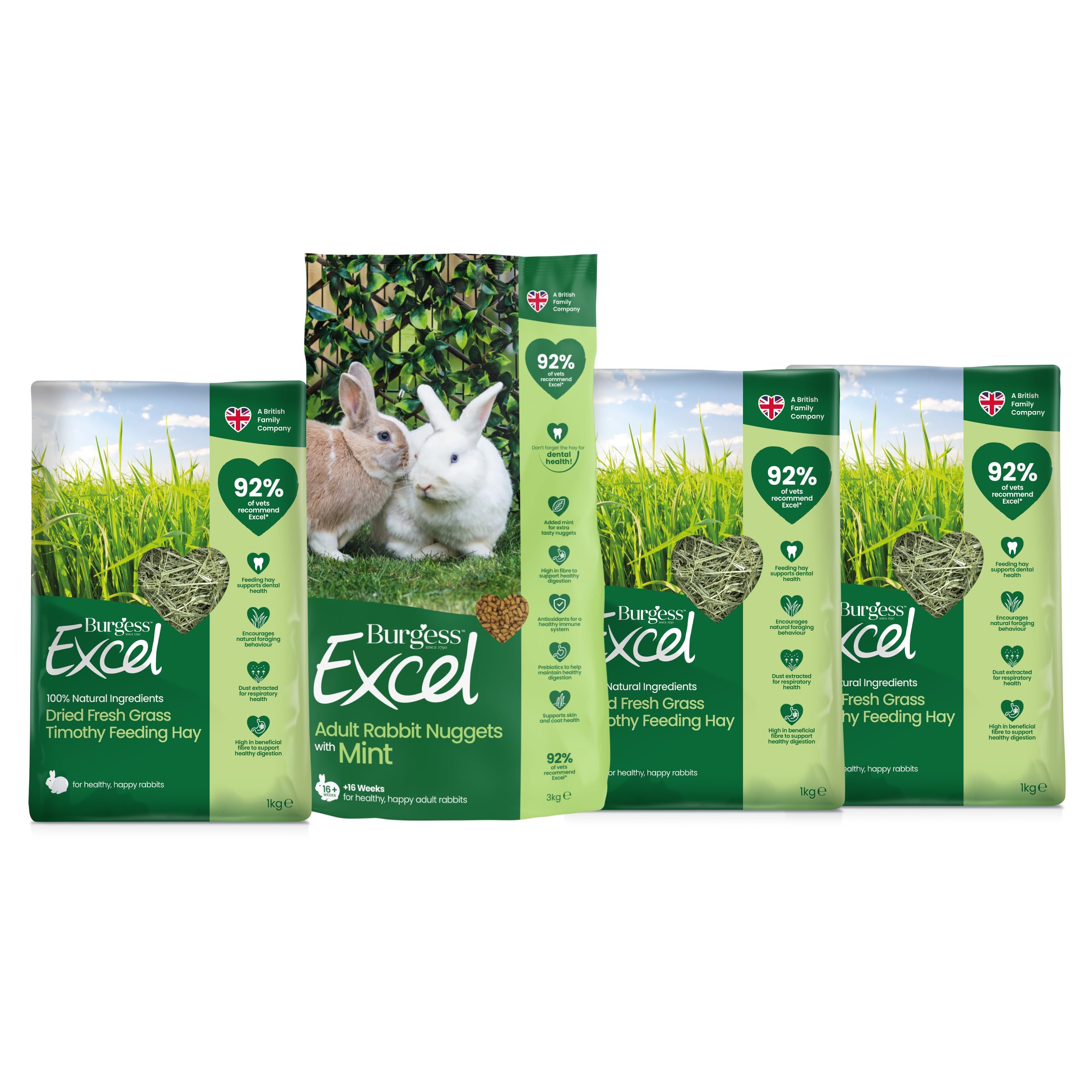 Burgess Excel Rabbit Food & Dried Fresh Grass Value Bundle - 3KG Nuggets & 3KG Dried Fresh Grass Feeding Hay for Adult Rabbits – Dust Extracted Hay & Mint Pellets